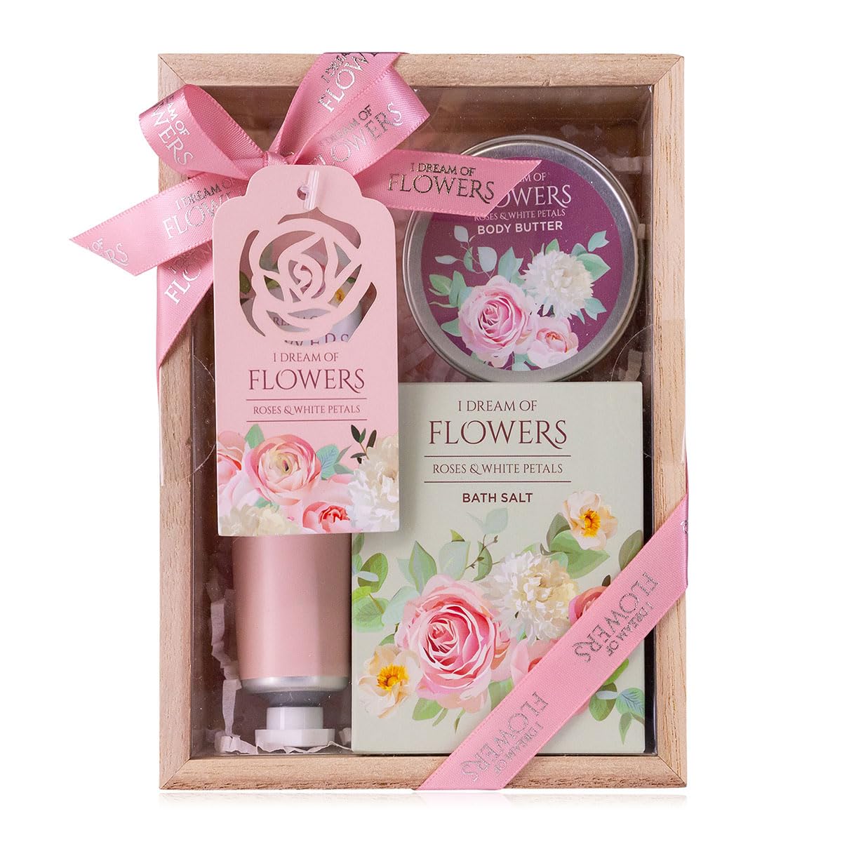 Accentra – Badeset Frauen Geschenkset I DREAM OF FLOWERS in schöner Geschenkbox – 3-teiliges Pflegeset mit Handcreme, Körperbutter und Badesalz – Geschenk Set zum Valentinstag & Muttertag