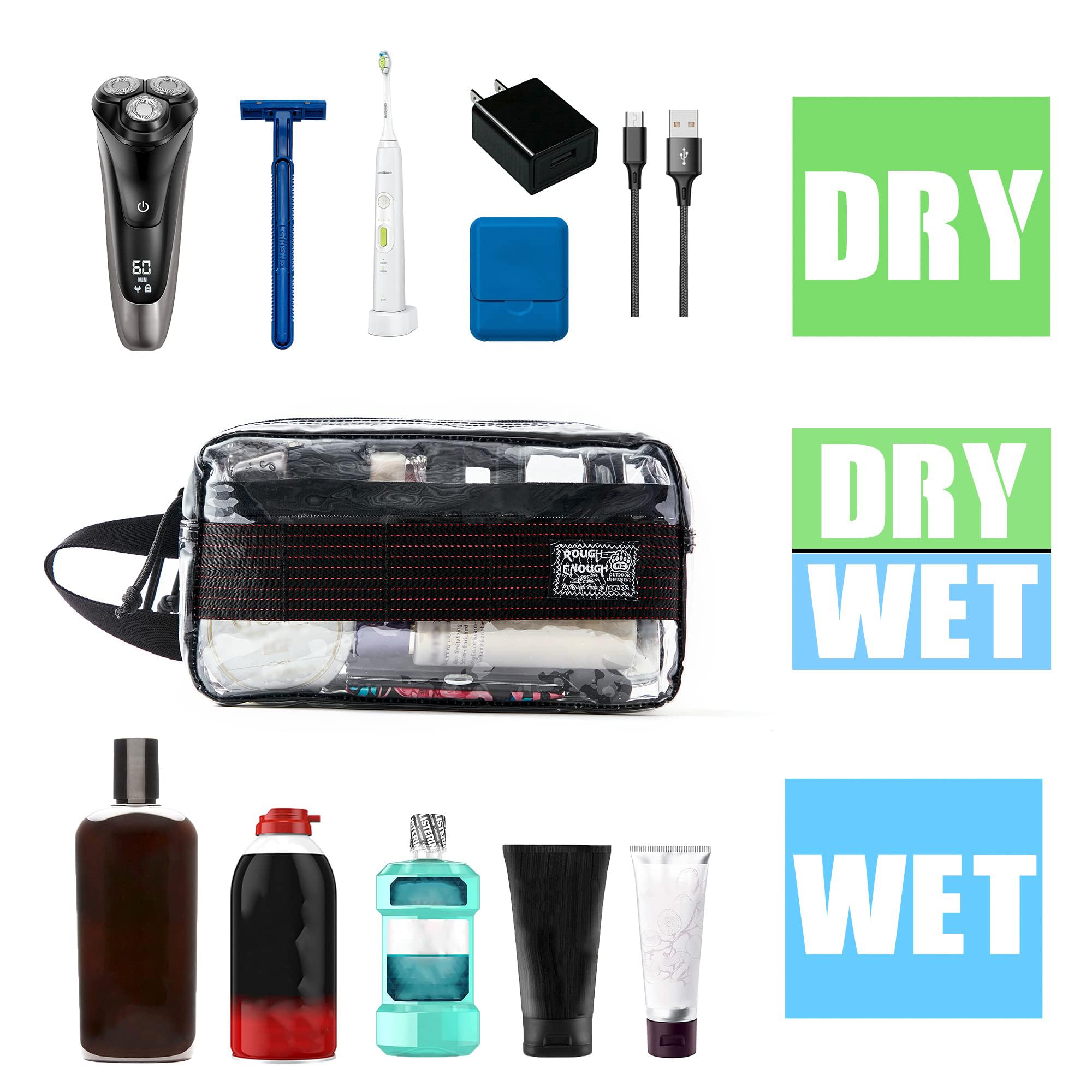 Rough Enough Clear Travel Toiletry Bag for Men Women Traveling Toiletries Essentials Shaving Hygiene Dopp Kit, Schwarz, 9.5 x 5 x 5 inch, Modisch