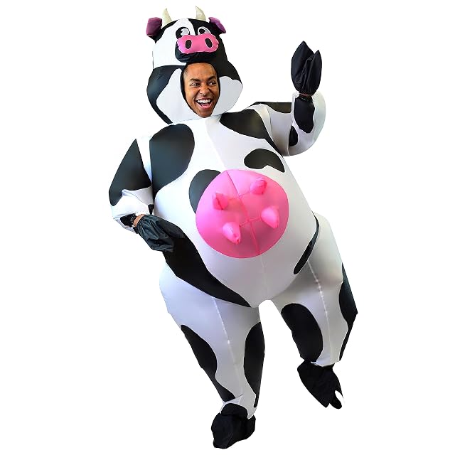 Spooktacular Creations Inflatable Cow Costume Adult Halloween Blow up Outfit Cow Inflatable Suit for Cosplay Themed Parties