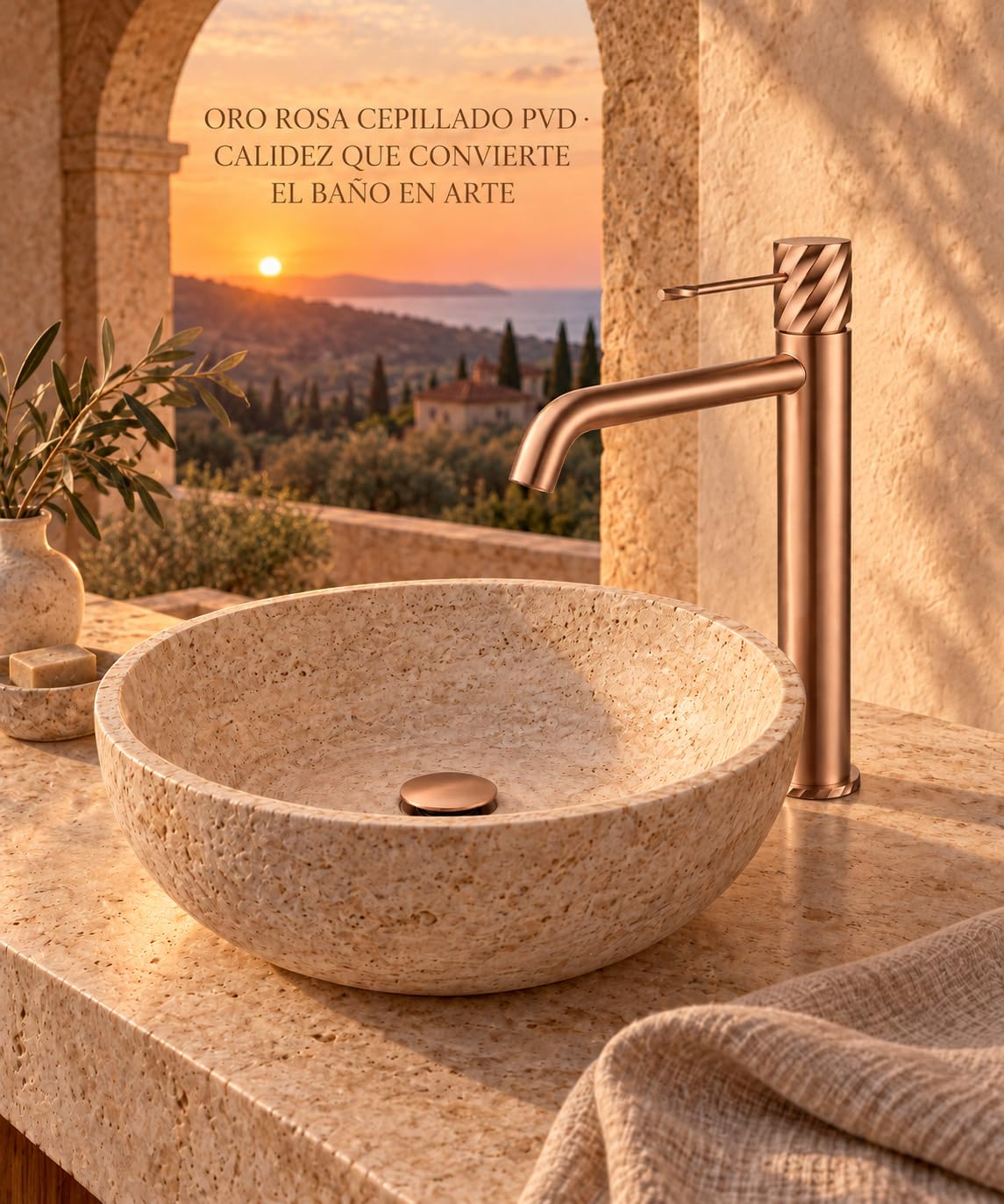 IMEX - Grifo Lavabo Alto Monomando - Oro Rosa Cepillado PVD - Cobrizo - Grifo de Baño para Lavabo Sobre Encimera y Sobreponer, Cuerpo de Latón, Caño Alto, Válvula de Desagüe Incluida