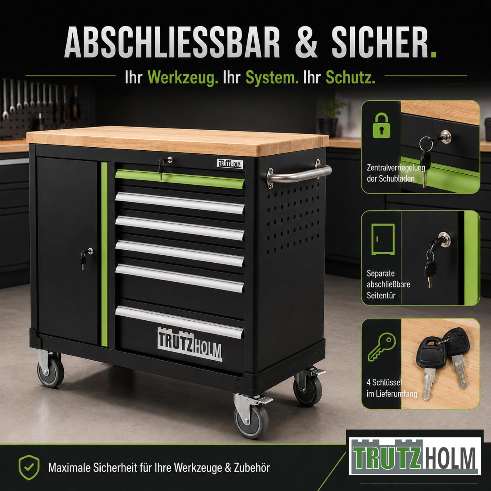TRUTZHOLM Werkzeugwagen leer Deluxe, Werkstattwagen mit 6 Schubladen & Türfach, abschließbarer Werkzeugschrank rollbar mit Massivholz-Arbeitsplatte, fahrbare Werkbank 108 x 46,5 x 77 cm, grün/schwarz