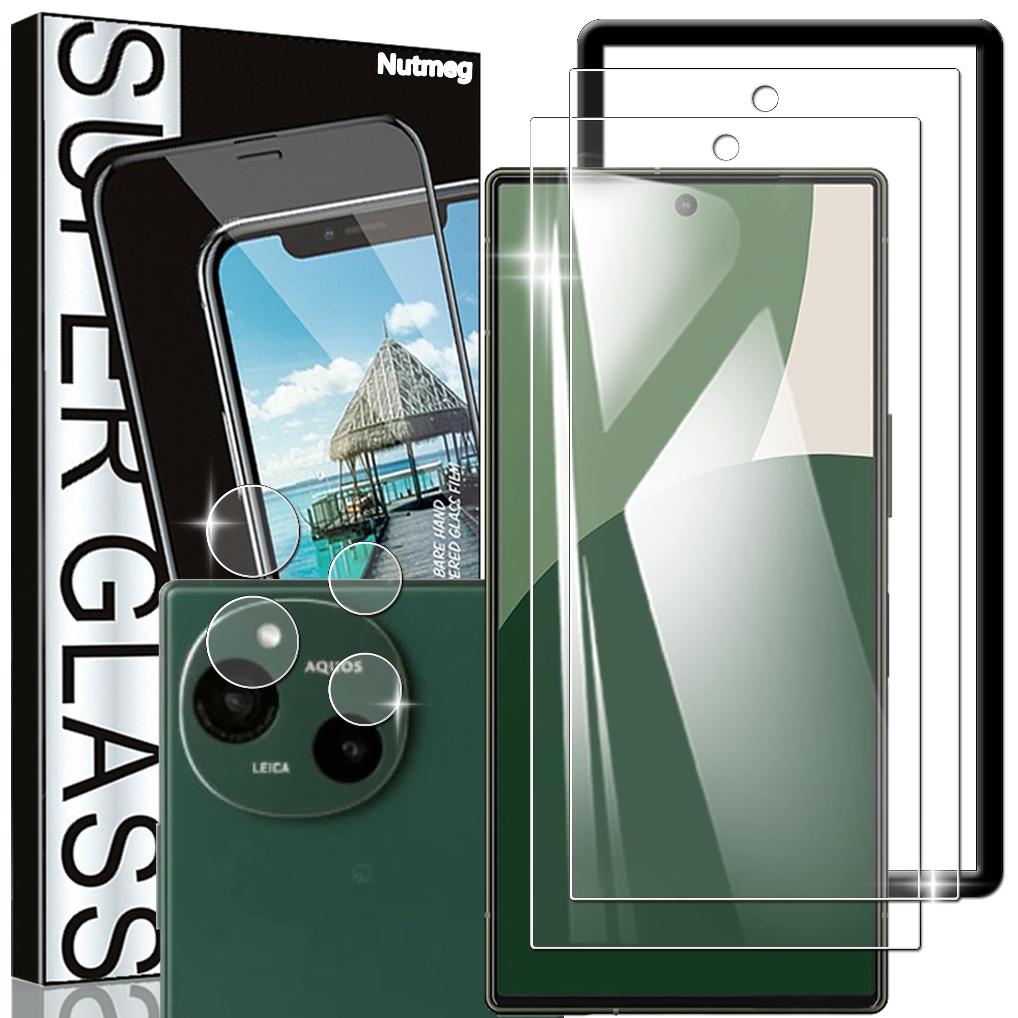Nutmeg【ガイド枠付き 2枚＋2枚】指紋認証対応 AQUOS R9 用の ガラスフィルム 2枚 + AQUOS R9 用の カメラフィルム 2枚【日本旭硝子素材製】AQUOS R9 用の フィルム 保護フィルム 強化ガラス 衝撃吸収 指紋防止 飛散防止 硬度9H 貼付け簡単