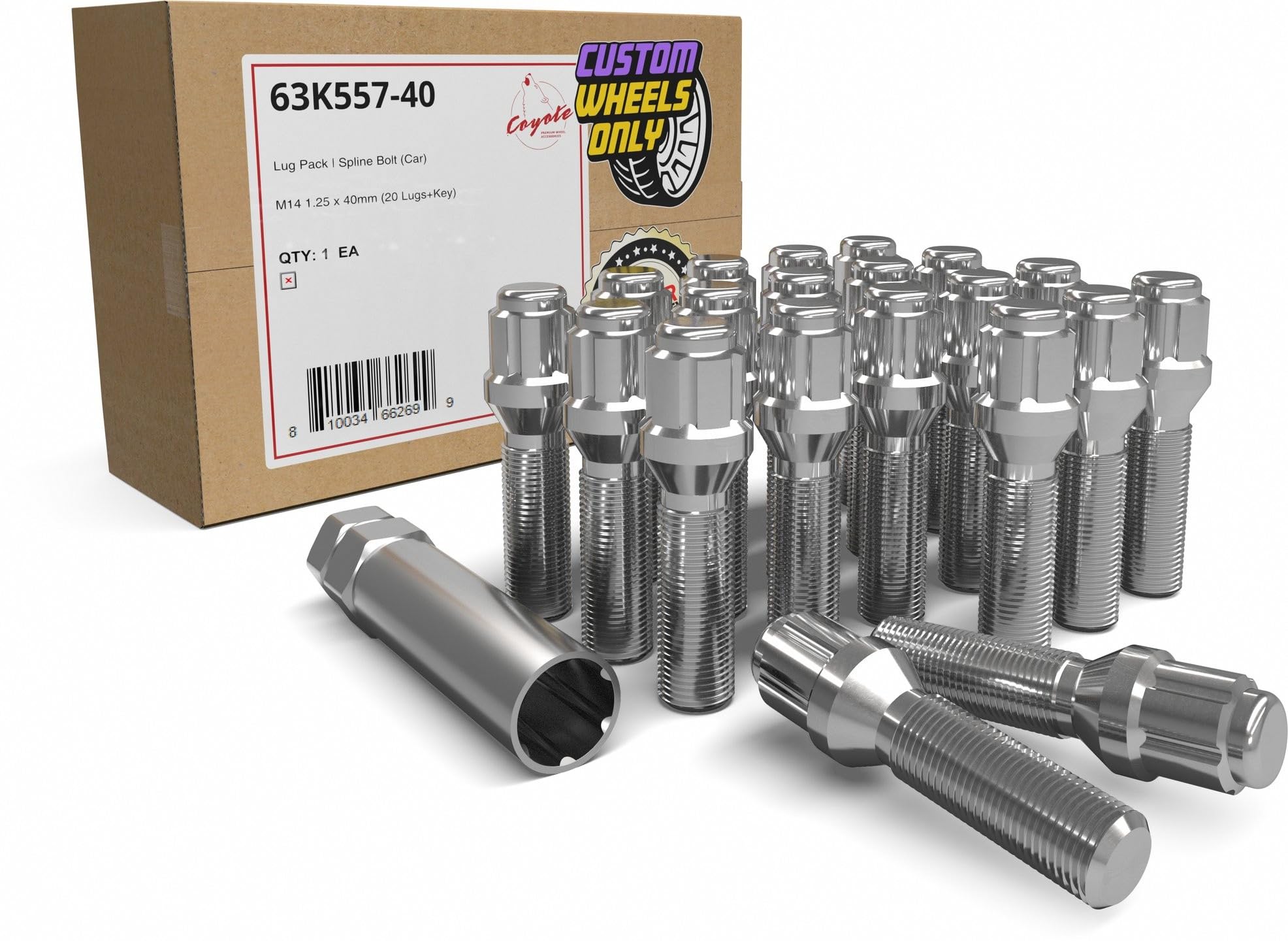 Wheel Accessories Parts 20 Pcs Lug Bolt Set M14 x 1.25 Thread Acorn Seat Lug Bolt Chrome Finish 40mm Shank Length 6 Spline Car fits BMW 3, 4, 5, 7, 8 Series, M2, M4, M5, M8, X5, X6, X7