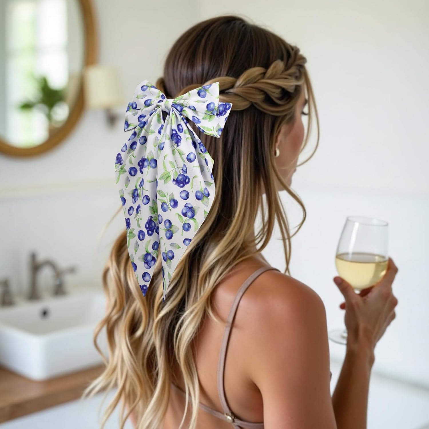 Blueberry Hair Bow Clips with Long Tail Ribbon Satin Cute Blue Berry Big Metal Hair Bow Barrettes Ponytail Styling Accessories for Women Girls, Large Fruit Bowknot Hairpins - Image 4