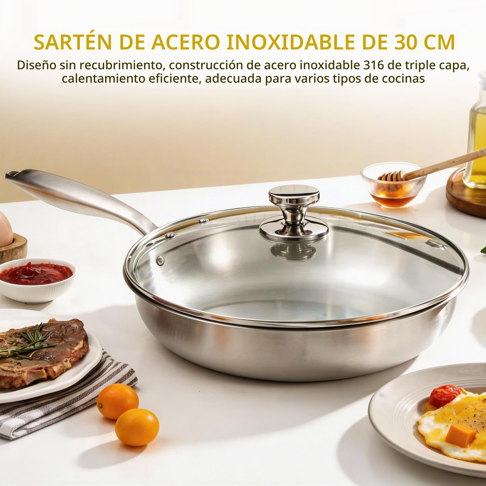 Sartén Acero Inoxidable 30cm con Tapa,Triple Capa,Mango Frío Ergonómico | Inducción, Sin Antiadherente Sin Tóxicos,Horno 400°C