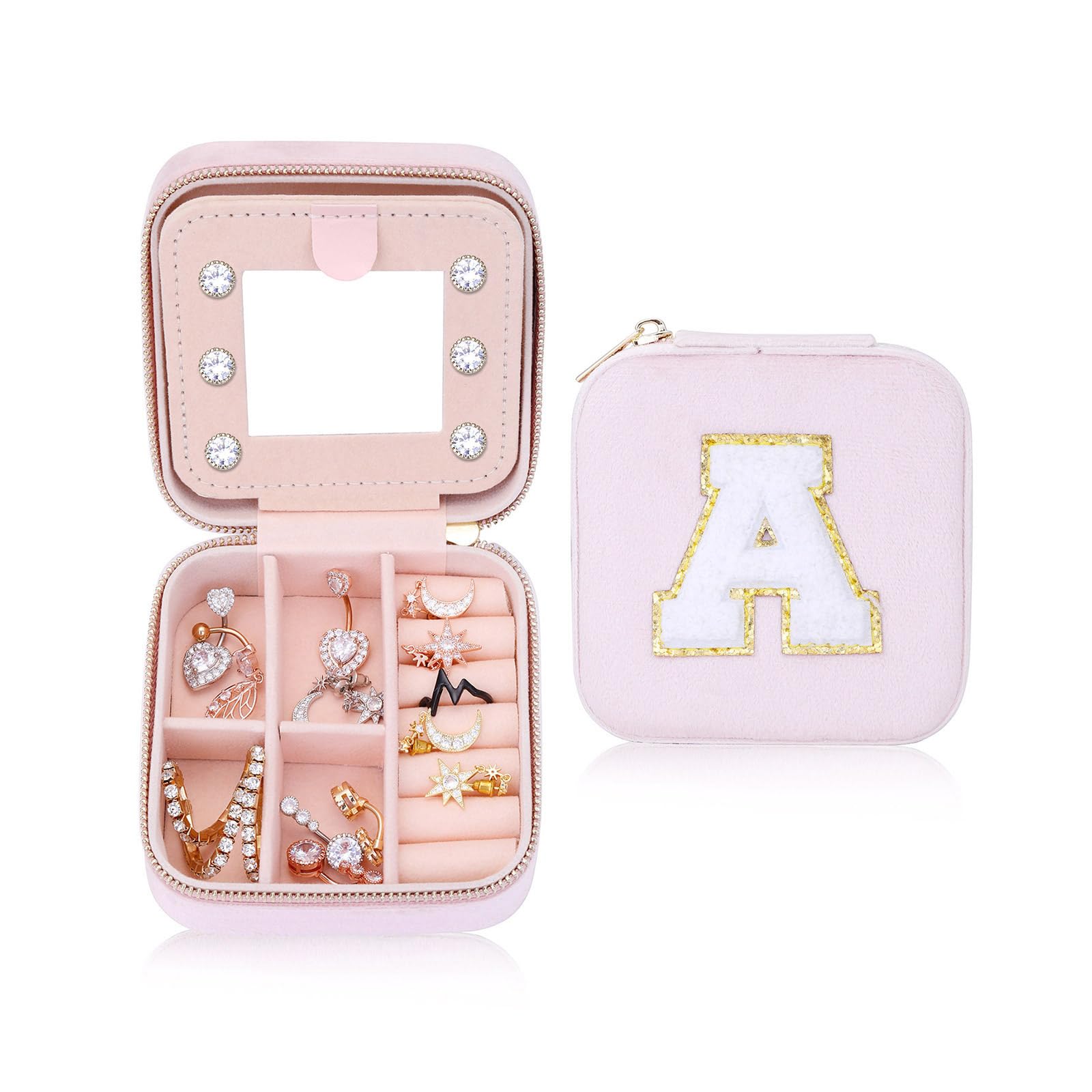 Plush Velvet Jewelry Box | Small Jewelry Travel Case Organizer with Mirror | Sewing Chenille Letter Patches Jewelry Box | Best Gifts For Daughter, Girlfriend, Mom | Gifts For Her (Pink, Letter A)