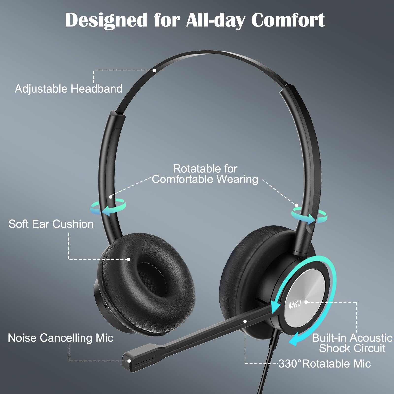 MKJ USB Headset With Microphone Noise Canceling, Wired Computer Headset For Call Center & Office, Work With PC, Laptop, Skype, Microsoft Teams, Zoom, Webex, Webinar, Online Meeting. Free Delivery 5 Km From