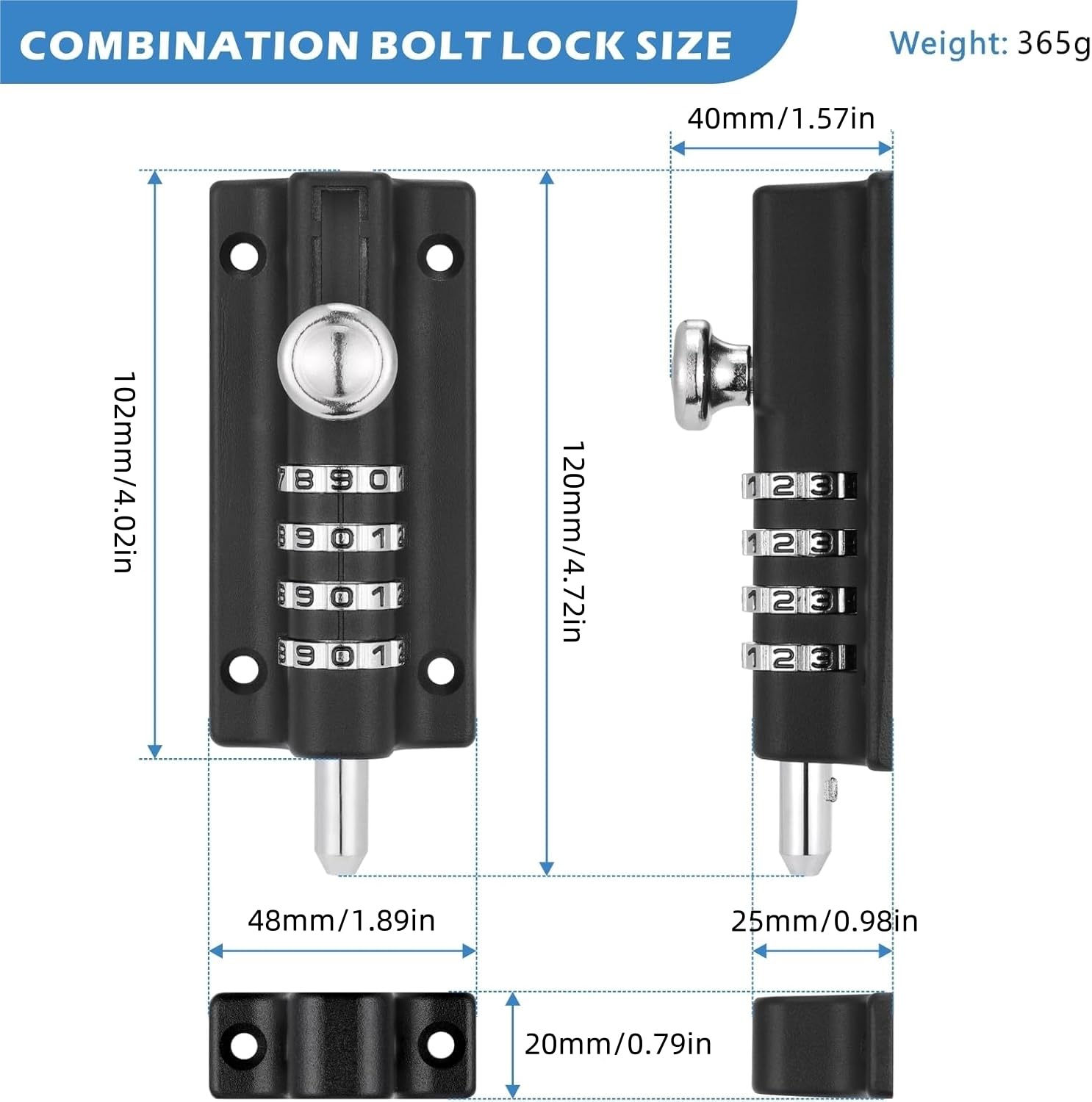 Fentar 2Pcs Combination Locking Bolt, Heavy Duty Gate Bolt with Screws - Image 2
