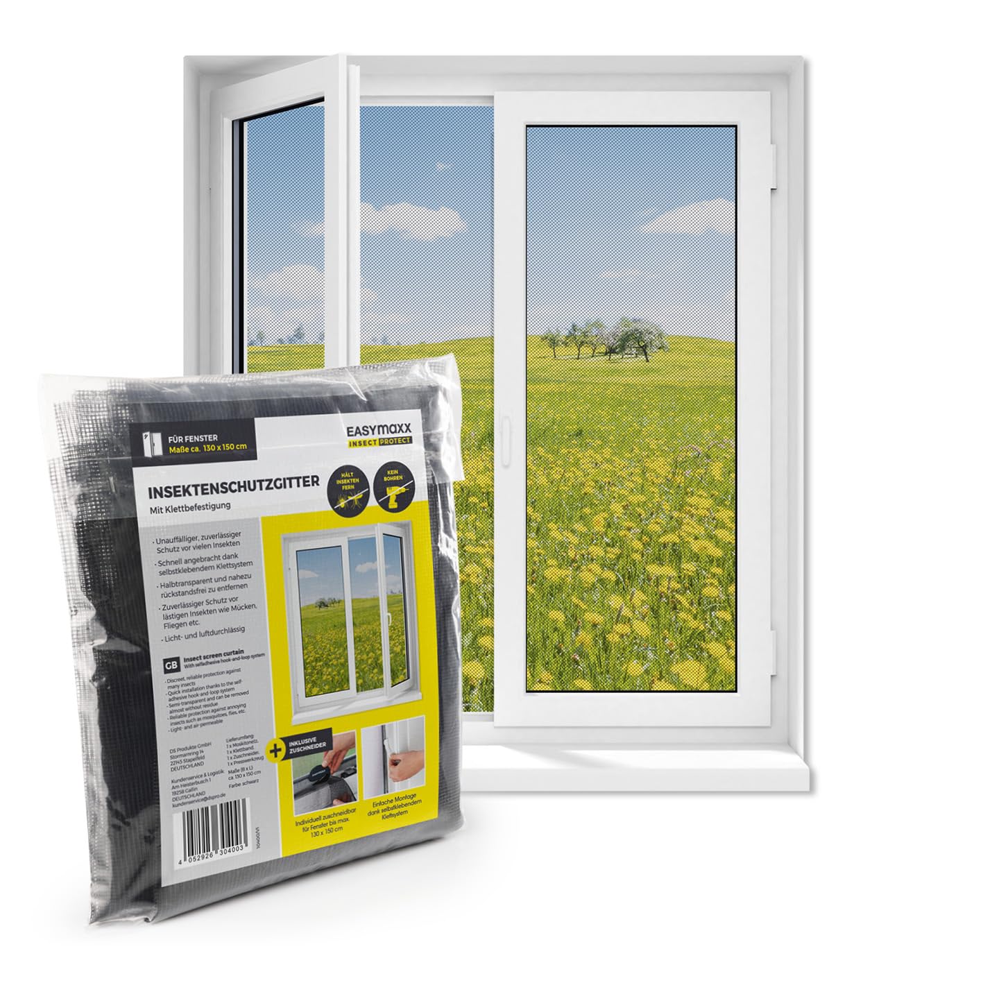 EASYmaxx Fliegengitter für Fenster mit Klettverschluss | Moskitonetz zuschneidbar bis 150x130cm | Einfache Montage des Insektenschutzes - ohne Bohren & Schrauben | Selbstklebendes Klettband [Schwarz]