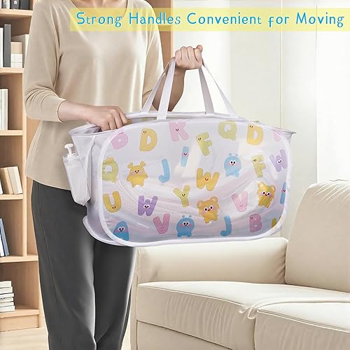 Miniatura 5 de Cesta desplegable plegable para almacenamiento de ropa de bebé o juguetes, cesta de malla con asas y bolsillo lateral, cesta de lavandería multiusos