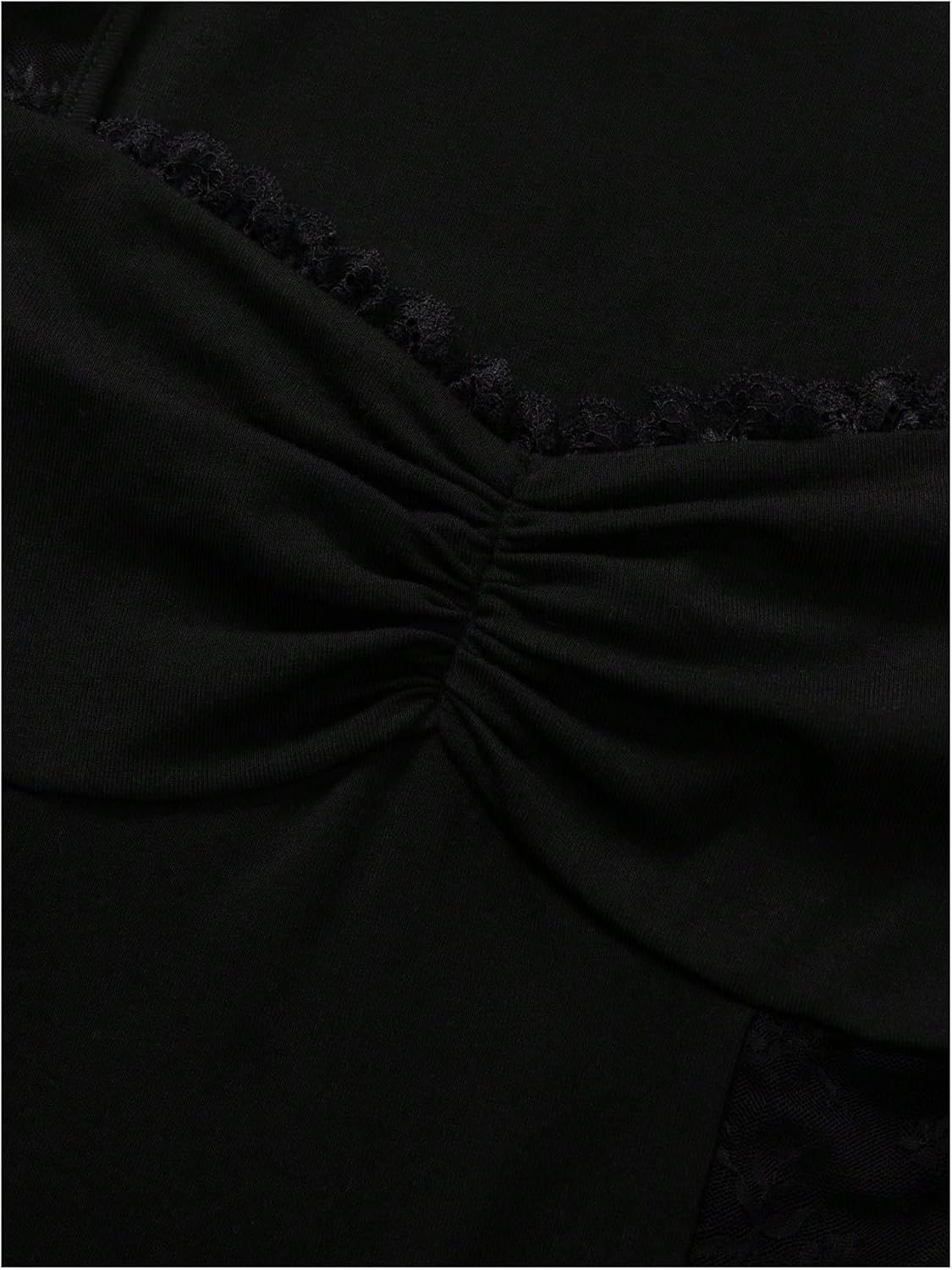 WDIRARA Women's Lace Trim Sweetheart Neck T Shirts Contrast Mesh Long Sleeve Tee Fitted Tops - Image 6