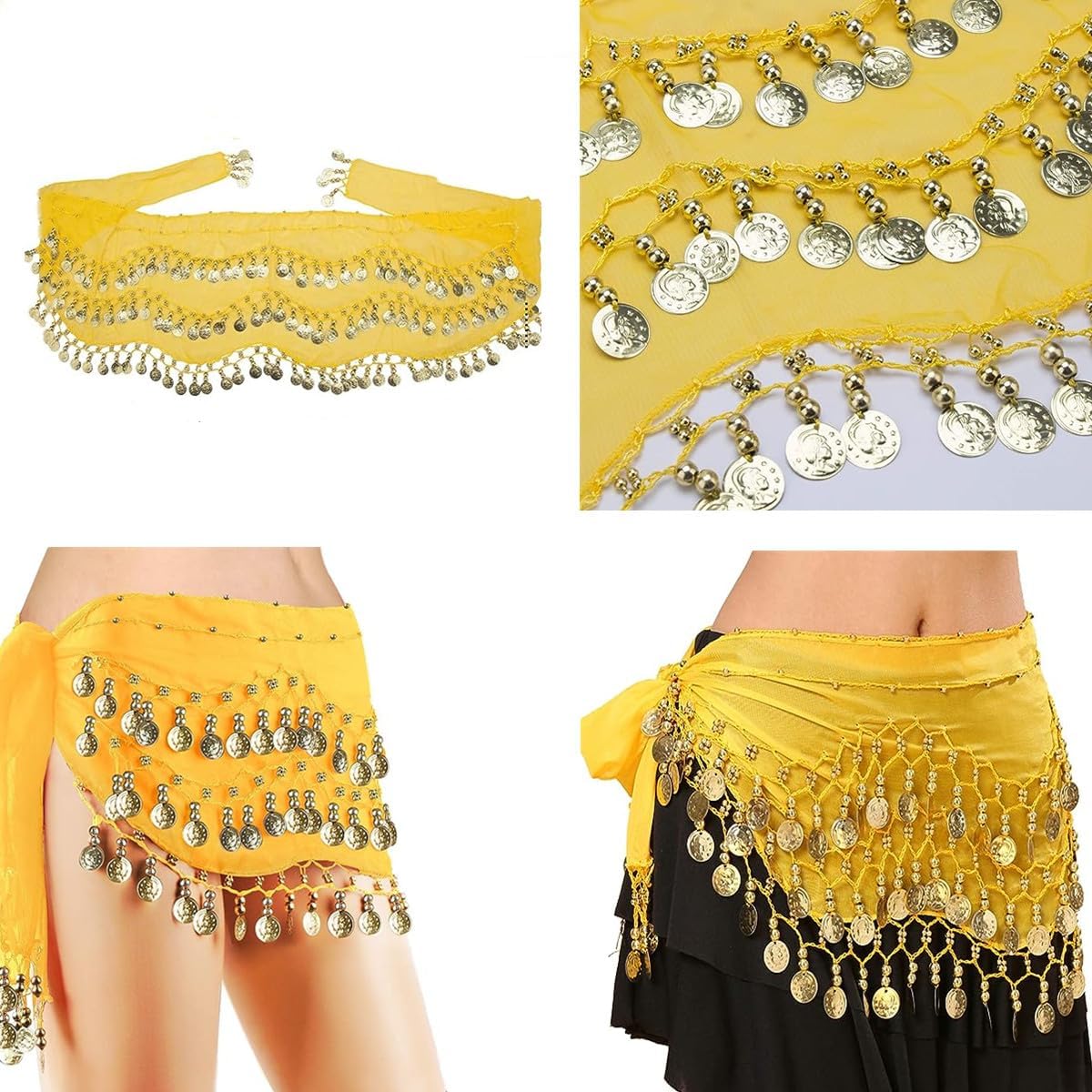 Belly Dance Hip Scarf, Belly Dance Skirt Hip Skirt, Hip Scarf Belt Scarves with Dangling Gold Coins for Performance Costume(Yellow) - Image 6