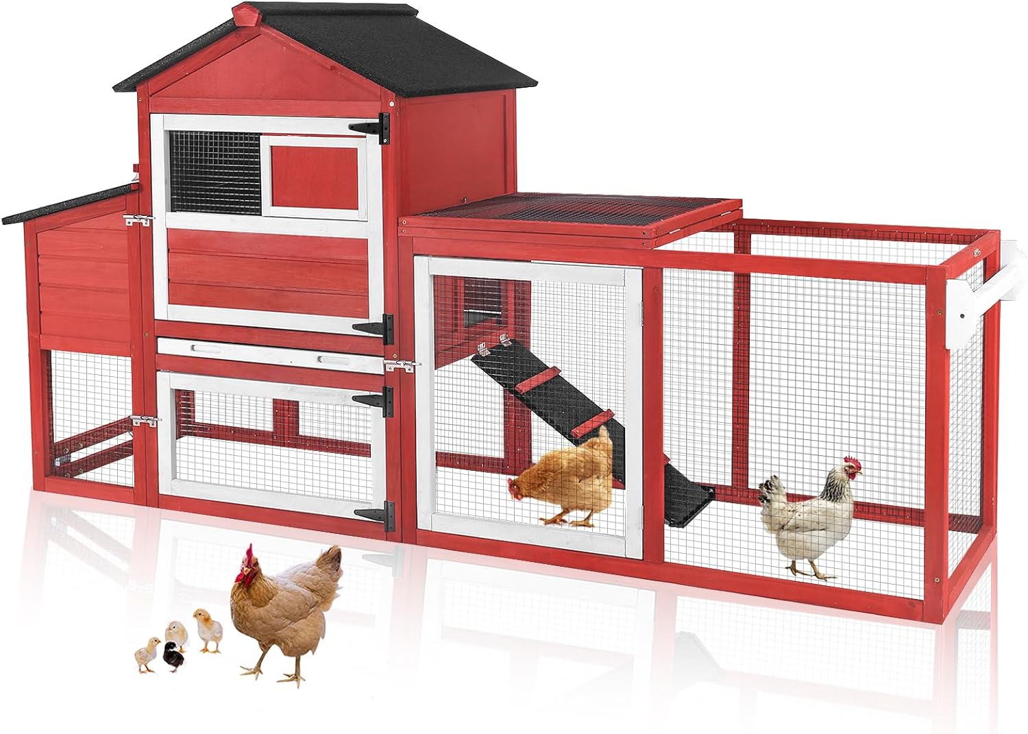 Aivituvin Expandable Mobile Chicken Coop with Wheels, Nesting Box, Leakproof Tray & UV-Resistant Roof - Red, for 2-3 Chickens