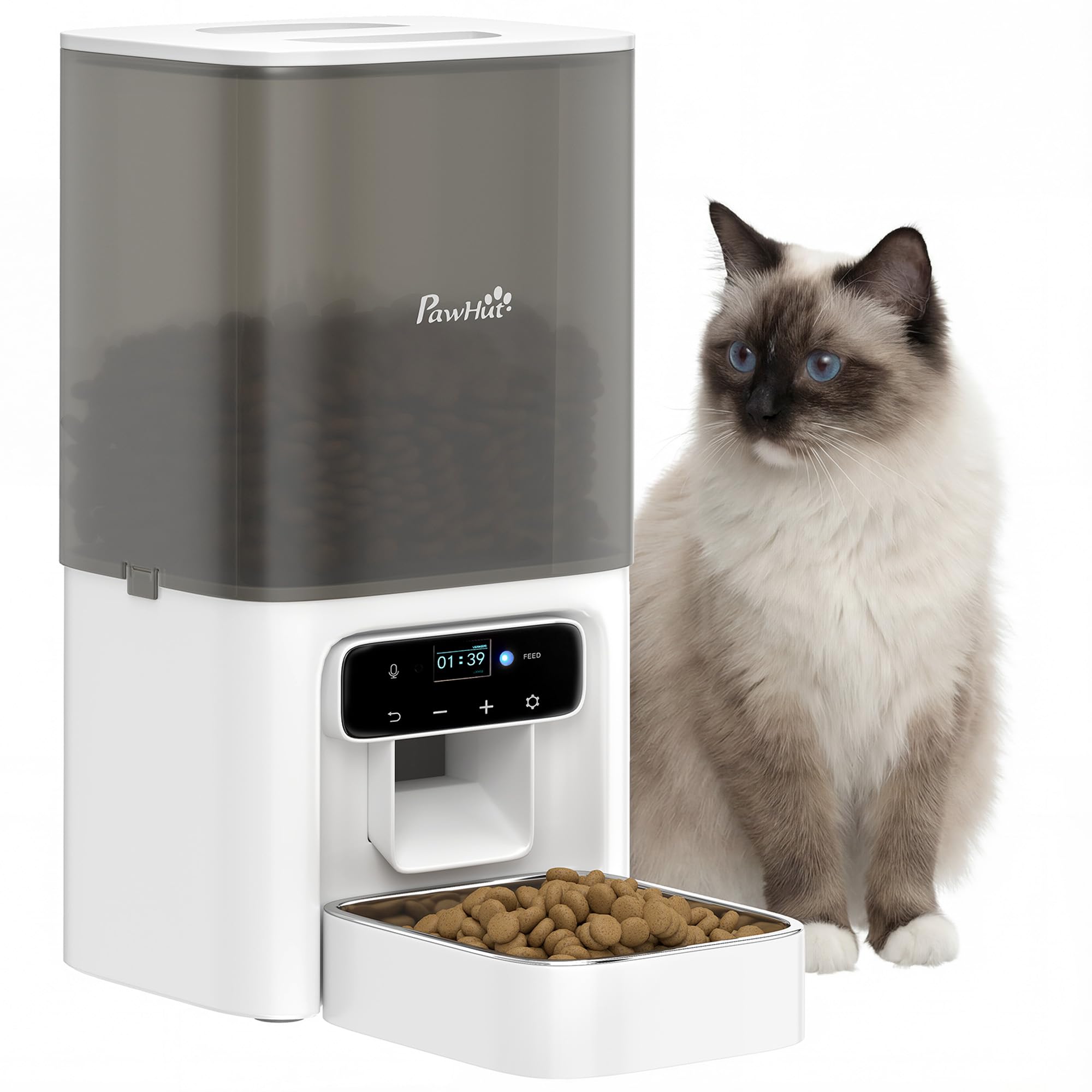 Comedero automático para gatos PawHut, dispensador de comida para gatos de 4,5 l con temporizador para hasta 6 comidas al día, grabadora de voz de 10 segundos, comedero automático programable con