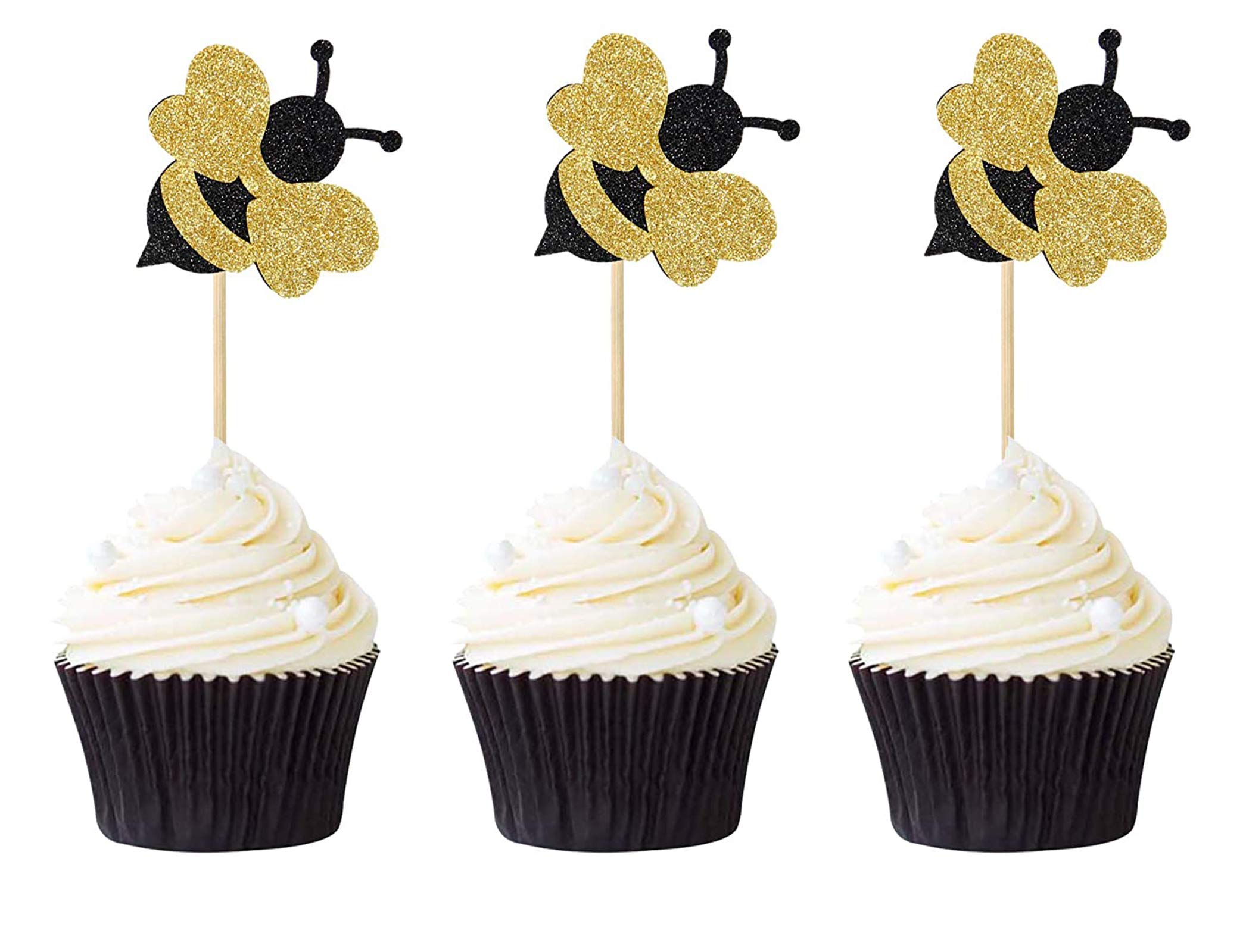 Pack of 24 Glitter Bumble Bee Cupcake Toppers Gender Reveal Baby Shower Birthday Party Decorations Supplies