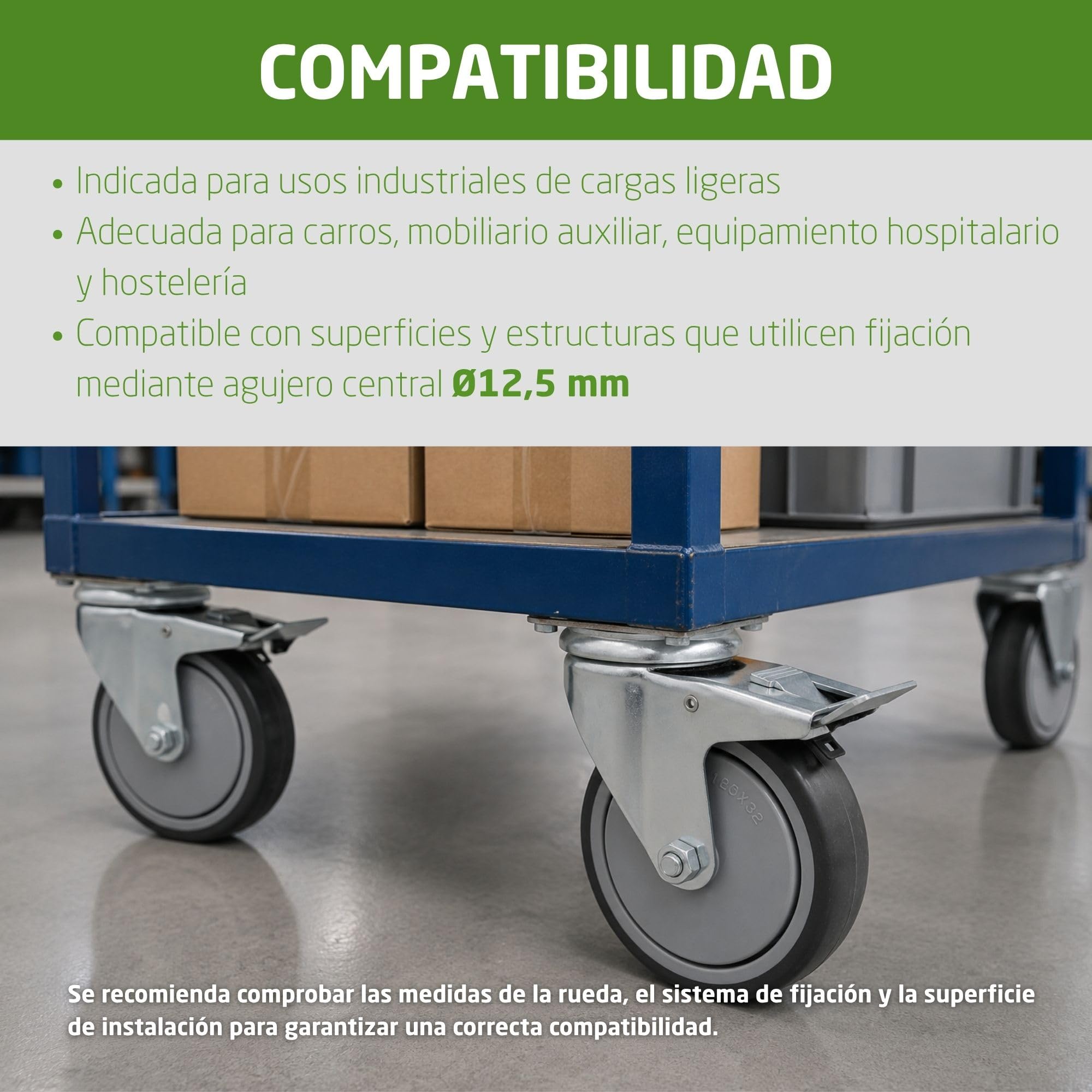 Amig - Pack 4 Ruedas con Freno Para Muebles - Ø 100 mm - Ruedas Giratorias Sin Placa de Montaje - Peso Máximo 110 Kg - Para Mover Muebles Pesados - Rodamientos Rodillos - Núcleo Plástico - Goma Gris