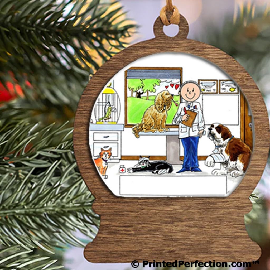 PrintedPerfection.com Personalized Veterinarian - Male Wooden Snow Globe Shaped Christmas Ornament