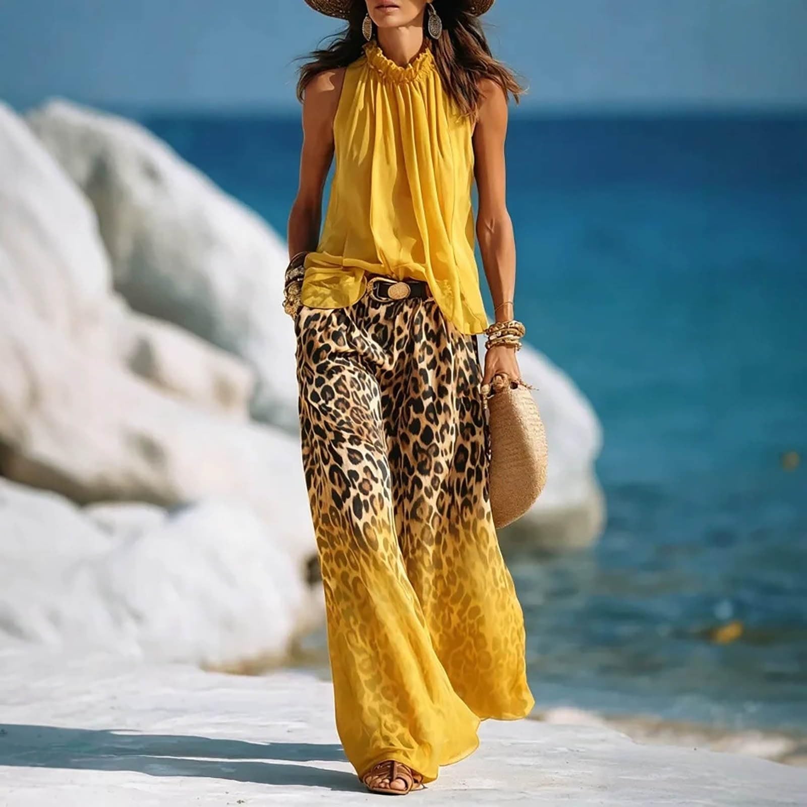 Elegante senza maniche con scollo a V in velluto con sfumatura leopardata e gamba larga per