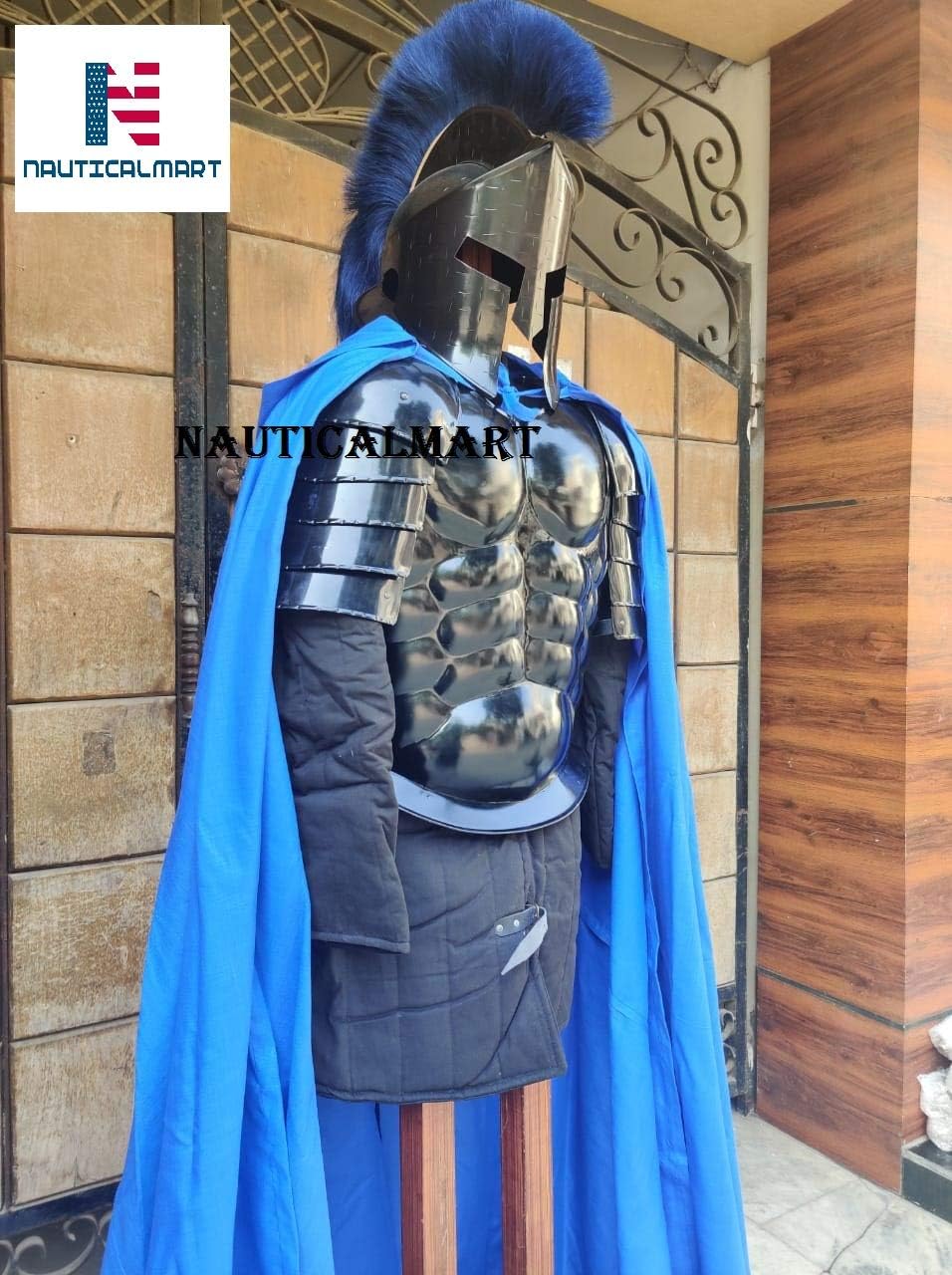 Nautical-Mart Roman Black Antique Muscle Armor Jacket with Shoulder Guard 300 Spartan Helmet, Royal Blue Cape, Gambeson