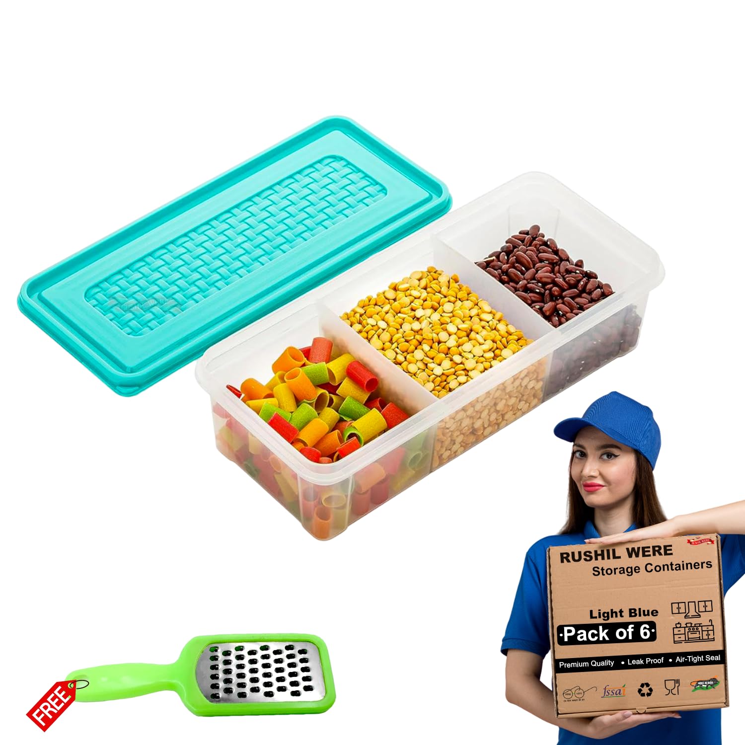 RUSHIL WERE 3 Partition Fridge container Boxes Organizer | Pack of 4 | Free 1 Grater | Plastic Storage Box For Kitchen | Microwave Safe | Durable | Multipurpose | Air Tight | Light Blue (B0CHS8M1K9) Amazon Price History, Amazon Price Tracker