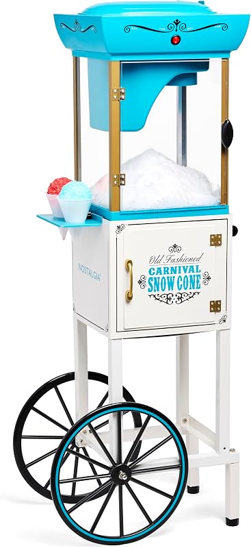 Máquina de hielo raspado con cono de nieve Nostalgia - Máquina de granizados con carrito retro que hace 48 delicias heladas - Incluye cuchara de metal, compartimento de almacenamiento, ruedas para una fácil movilidad - Blanco, azul