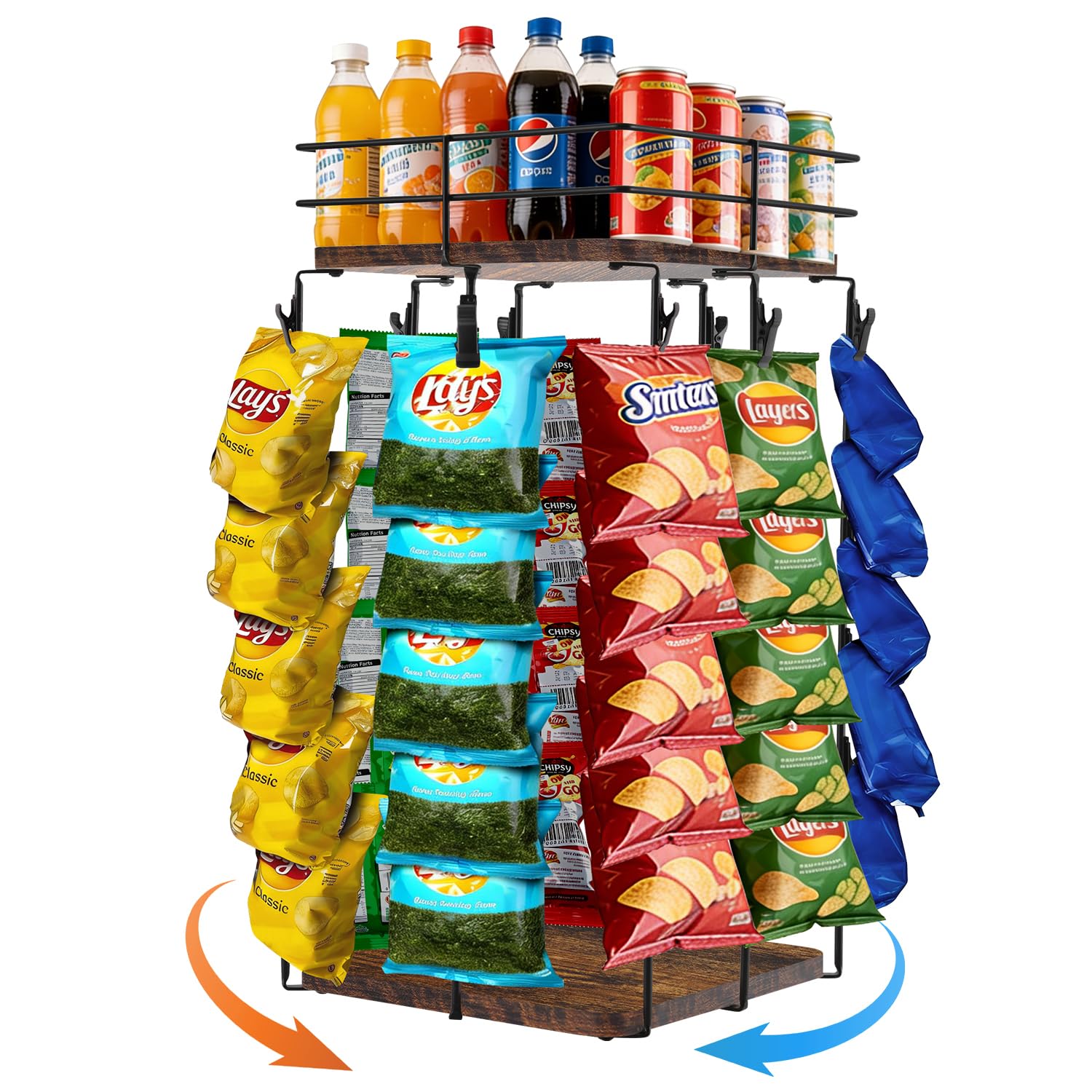 Chip Rack Display Stand, 5-Tier 360° Rotating Organizer with Top Storage Basket for Drinks & Spice Jars, 40 Clips & Snack Tray for Store, Kitchen, Party, Retail Countertop Snack Display (Dark Brown)