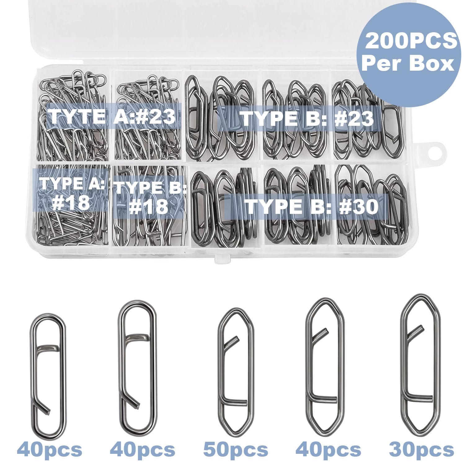 Lot de 200 clips de pêche en acier inoxydable haute résistance pour leurre de pêche