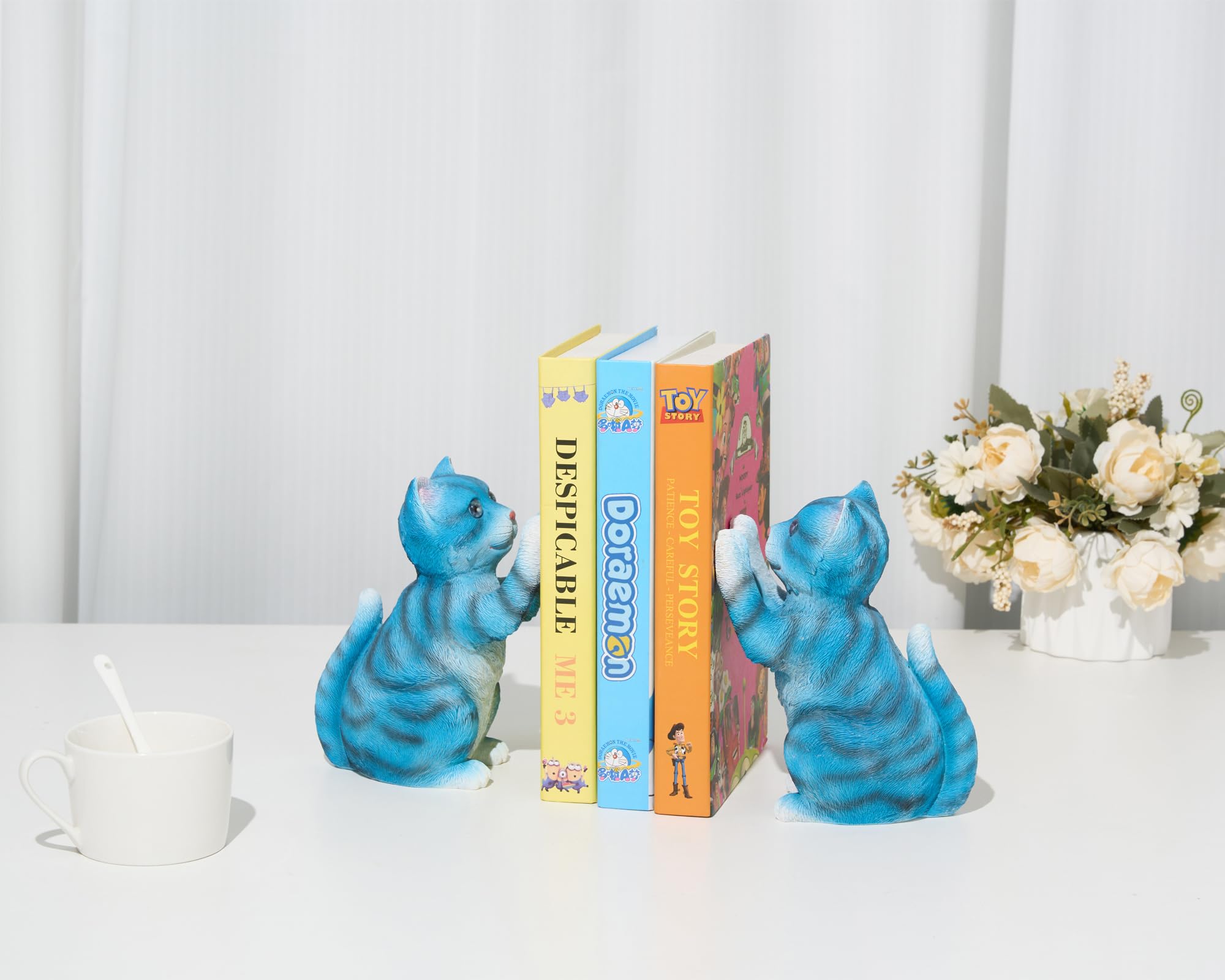 BOIHEGU Cute Cat Bookends for Shelves, Heavy Duty Bookends, Decorative Bookends for Kids Books, Non-Skid Design, Blue Cat Statue Enthusiasts Gifts