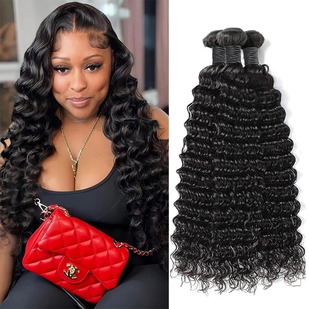 Deep Wave Bundles Human Hair Premium 14 16 18 Inch Human Hair Bundles Deep Wave Natural Color Soft 3 Bundles Unprocessed Brazilian Virgin Wet and Wavy Hair Bundles for Black Women