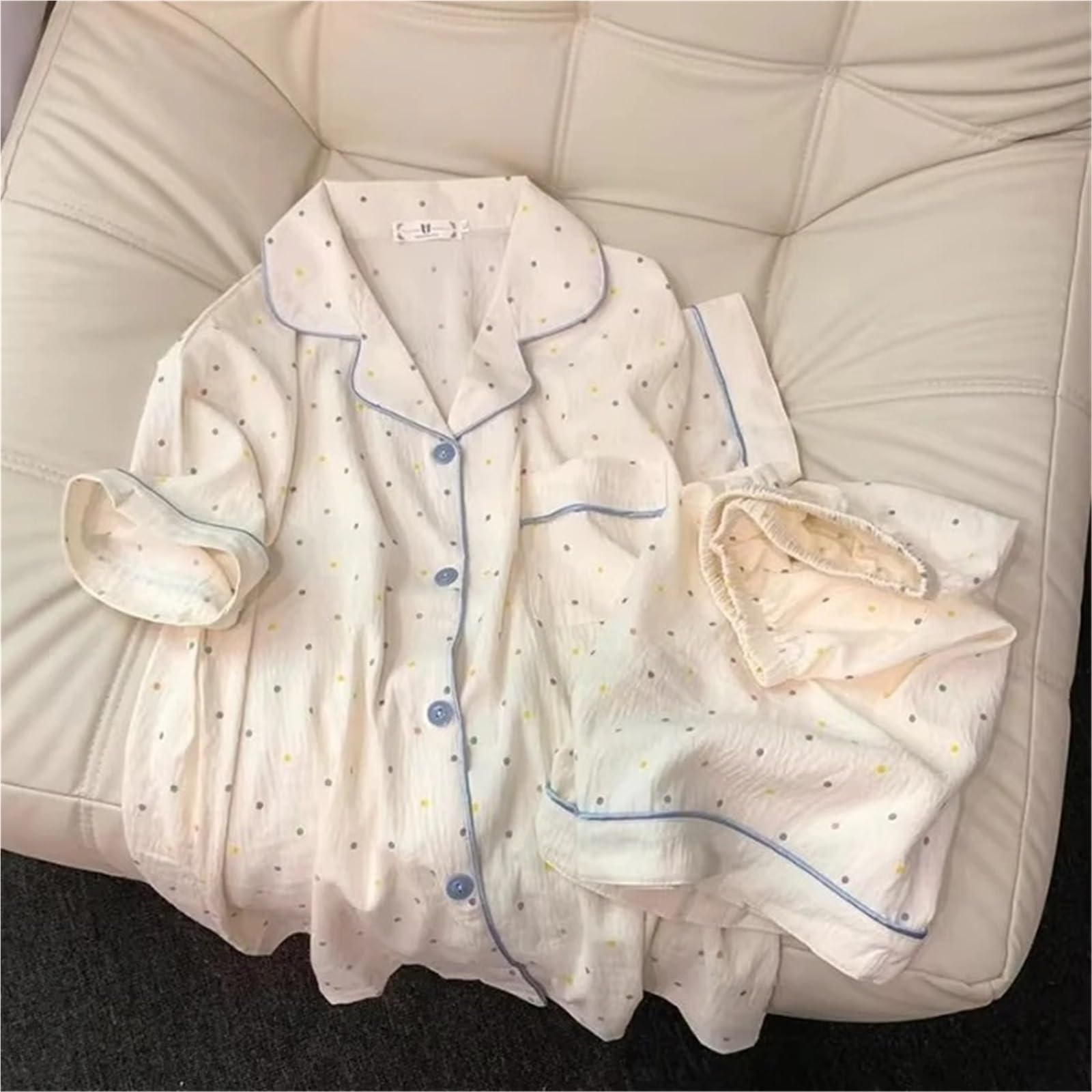 Conjunto de Pijama algodón con Estampado Lunares for Mujer, Conjunto 2 Piezas Top y Pantalones Cortos Manga Corta, for el hogar Informal cómodo para Descanso en casa