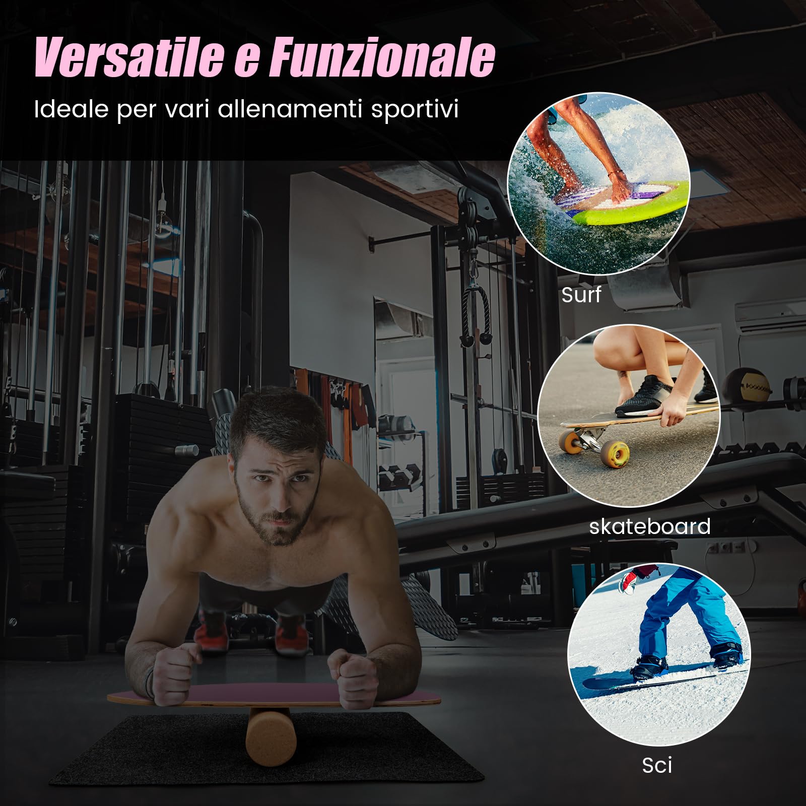 COSTWAY Balance Board in Legno, Tavola di Equilibrio con Rullo e Tappetino per Allenamento Skateboard Hockey Snowboard Surfing, Attrezzi 3 in 1 per Esercizi Equilibrio e Tonificazione Core