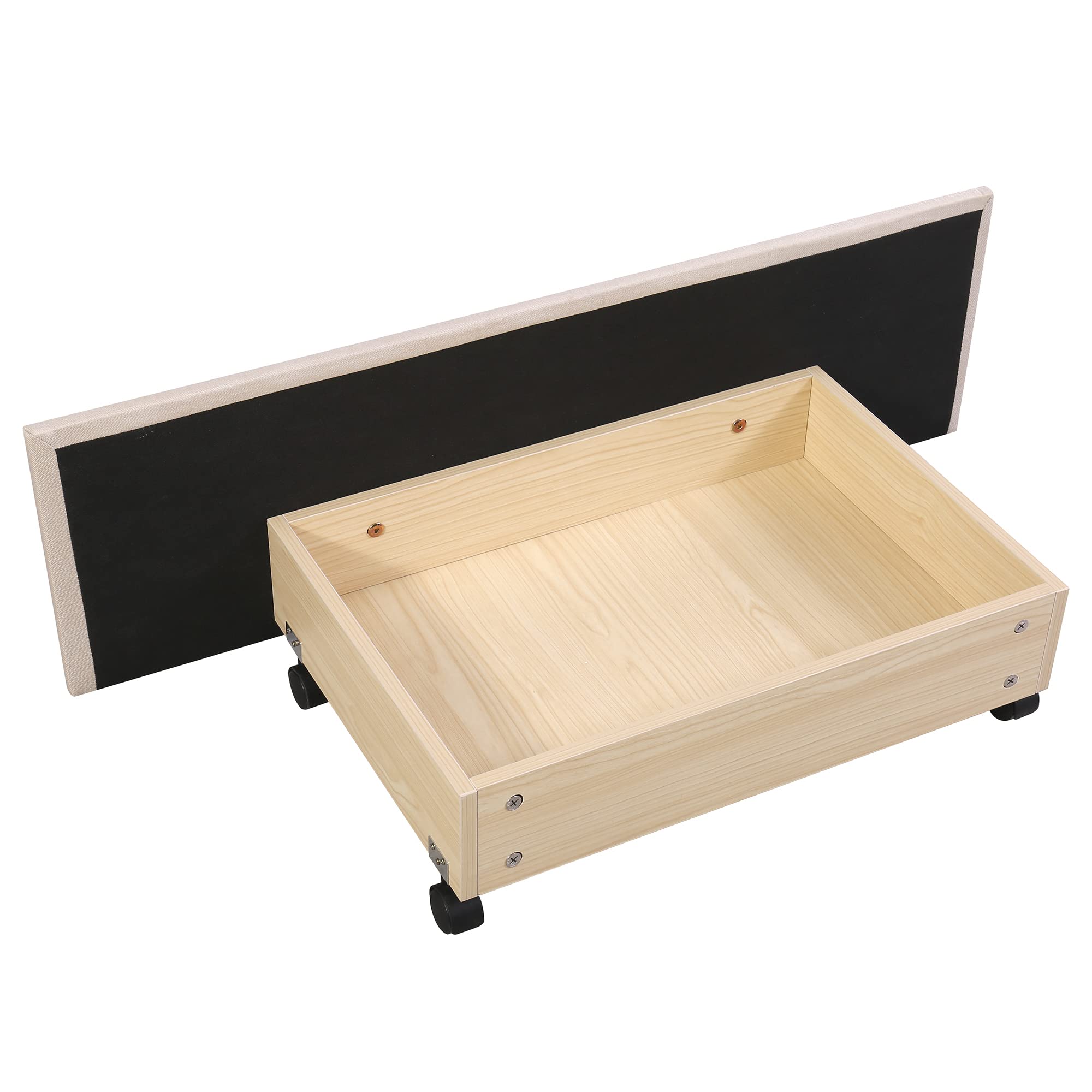 Idemon Cama tapizada de 90 x 200 cm con luces LED, 2 cajones, acolchado de lino agradable para la piel, cama individual, cama infantil, cama de invitados, color beige