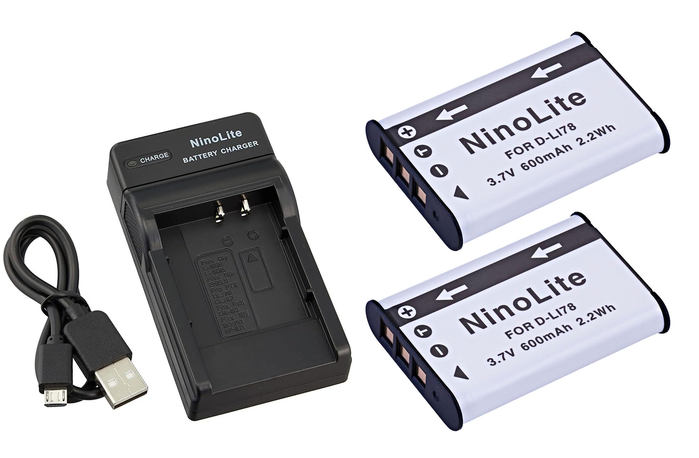 NinoLite(NinoLite) 4点セット D-LI78 互換 バッテリー2個 +USB型 充電器 +海外用交換プラグ 、ペンタックス Pentax 対応 dc16dli78x2_t.k.gai