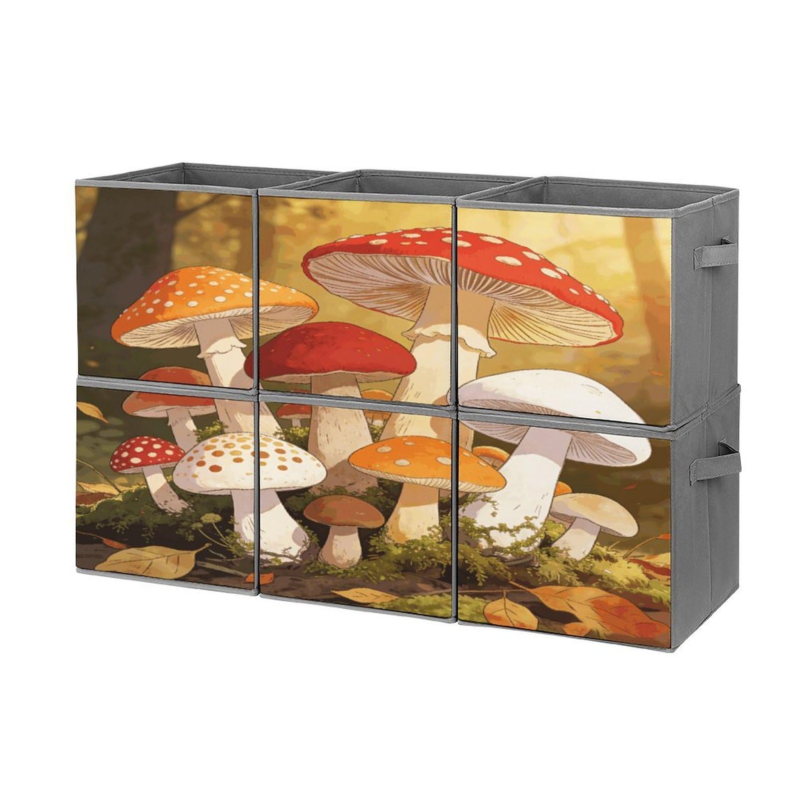 Fodpand Style Mushroom Art Cube Bins With Double Handles,Set Of 6 Cube Organizer, Stackable And Foldable Storage Bins For Organization, Closet, Shelves, Offices