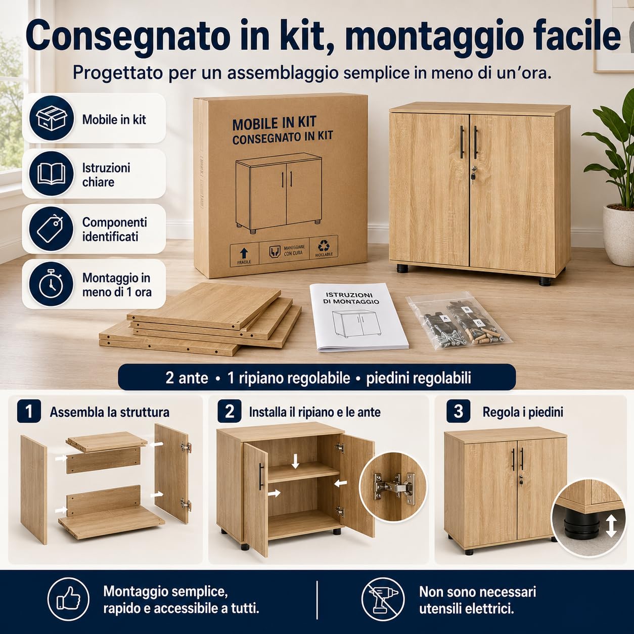 MMT - Armadietto da ufficio in legno di quercia, con ante chiudibili, altezza 75 cm, per mobili da ufficio e garage per riporre attrezzi, armadietti da ufficio sicuri per documenti
