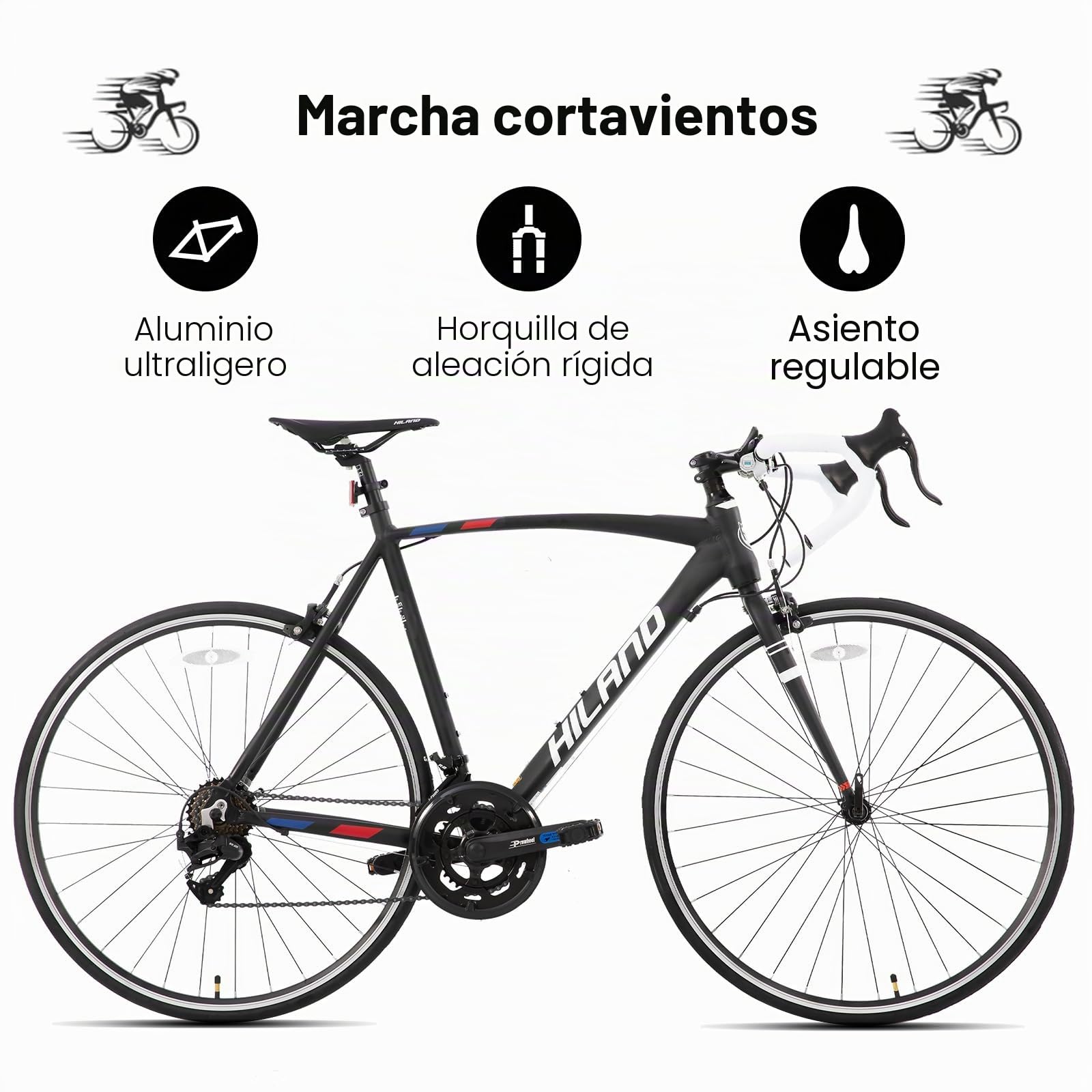 HILAND Alliance Bicicleta de Carretera 28 Pulgadas, 14 Velocidades, Cuadro de Aluminio de 49/53/57 cm para Hombre y Mujer, 700C Bicicleta para Uso Diario para Adultos, Negra/Blanca