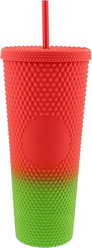 Vaso de 24 onzas con tapa y pajilla, botella para agua para café helado, con tachuelas de rojo mate a verde con pajilla, con tapa