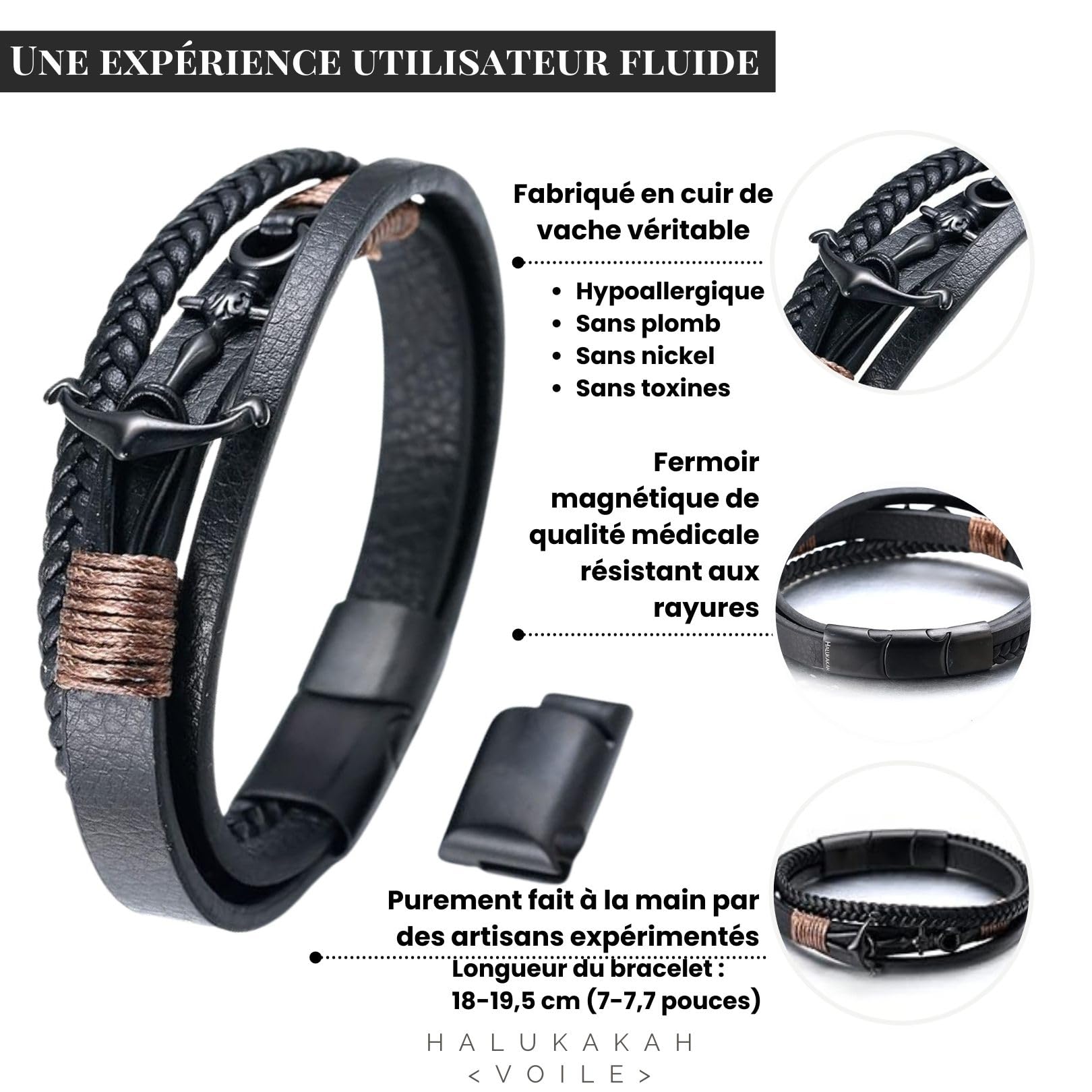 HALUKAKAH Enfant ● Voile Junior ● Garçons Cuir Véritable Tresse à la Main Ancre Bracelet 13-16 Ans. Titane Mat Fermoir Magnétique Argent Taille Réglable 18-19.5cm avec Le Boîte-Cadeau