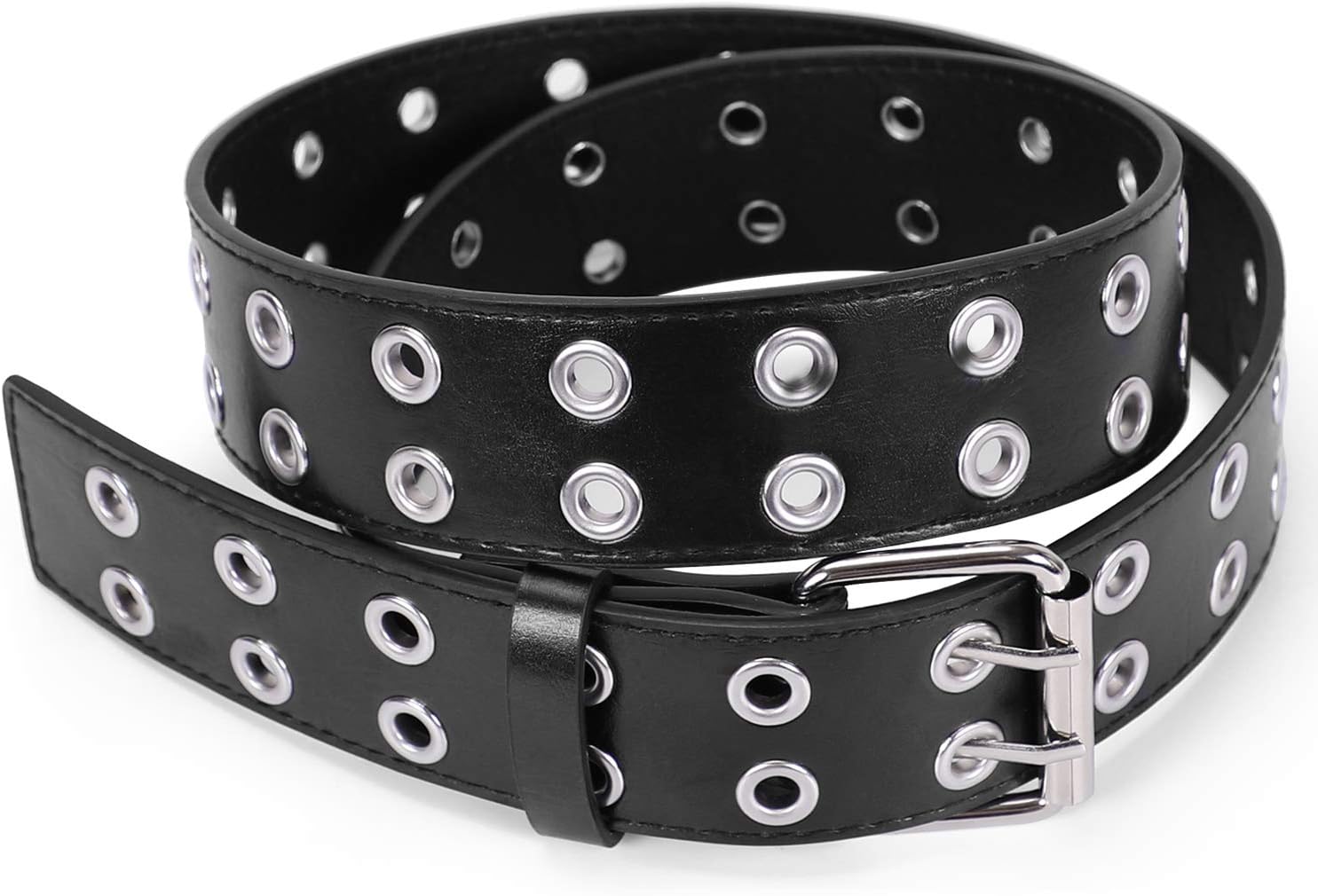 WHIPPY Double Grommet Belt for Women Men PU Leather Double Prong Buckle Vintage Punk Rock Jeans Belts