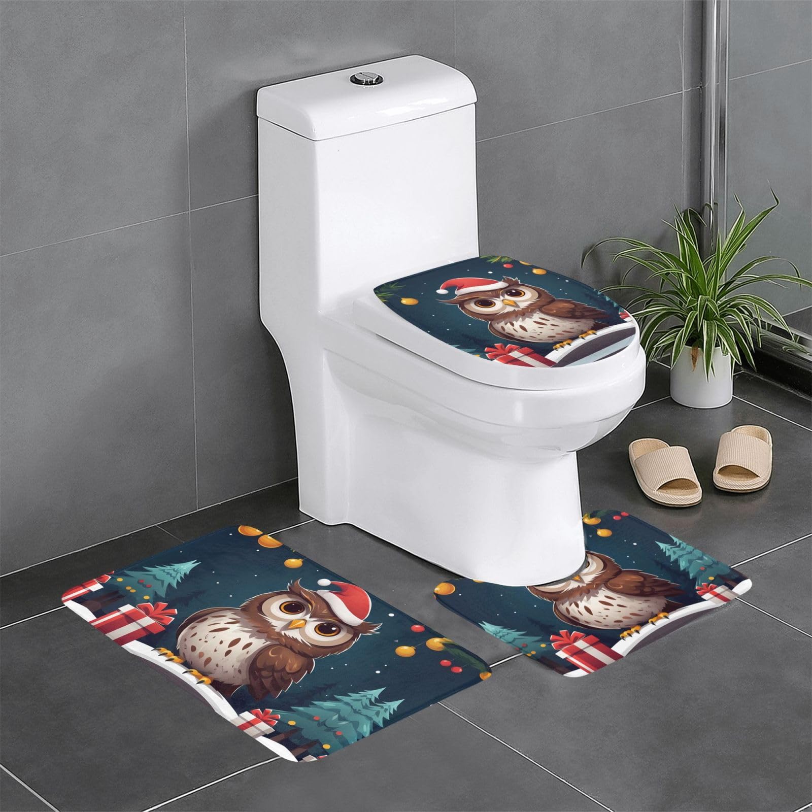 Tapis de salle de bain absorbants et lavables à motif hibou pour toilettes et douche