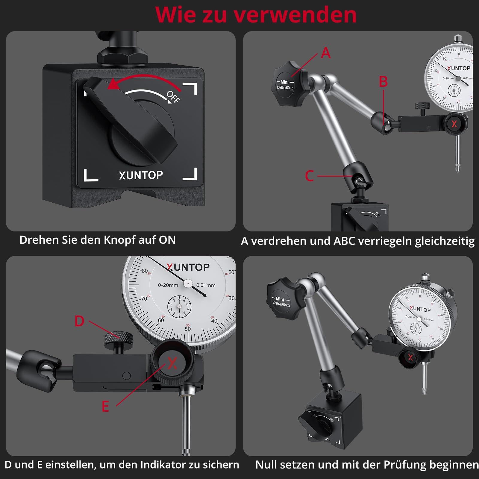 XUNTOP Präzisions Messuhr mit Magnetfuß 0,01mm Genauigkeit, 0-20 mm Messbereich,Mechanische Anzeige,132lbs/60kg, Mit Feineinstellknopf Ideal für Industrieanwendungen