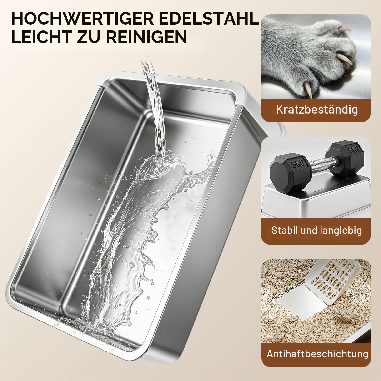 XL Geschlossene Katzenklo Edelstahl mit Deckel, Schubladendesign | Doppelte Geruchskontrolle, Kratzfest, Auslaufsicher, Antihaftbeschichtet und Einfache Reinigung, für Wohnungskatzen
