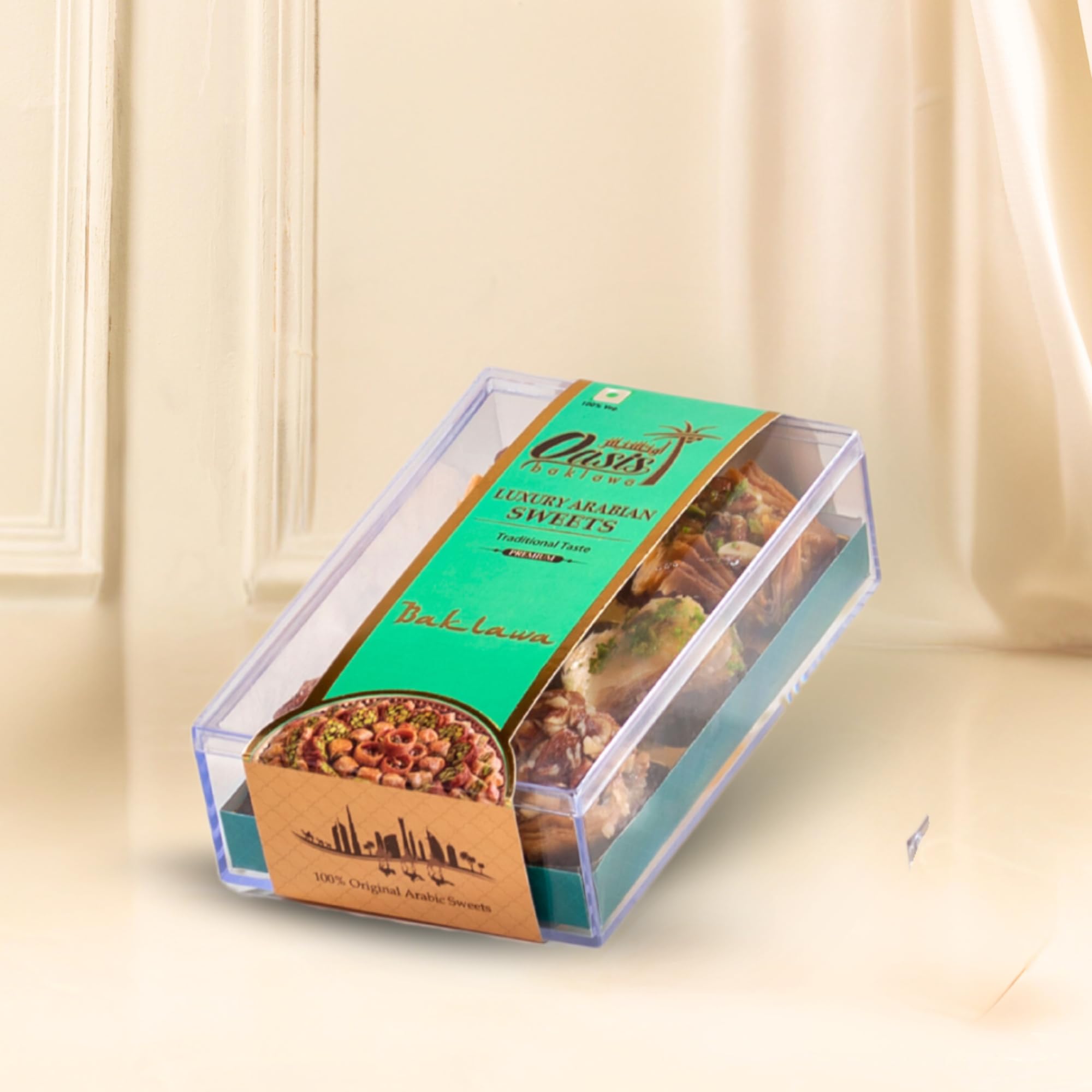 Oasis Baklawa - Premium Assorted Turkish & Lebanese Sweets Baklava 215g| Crystal Collection Box/Festive Gift Hamper for Diwali, Eid & Weddings, Corporate Gifting (6 Pcs Baklawa Box)