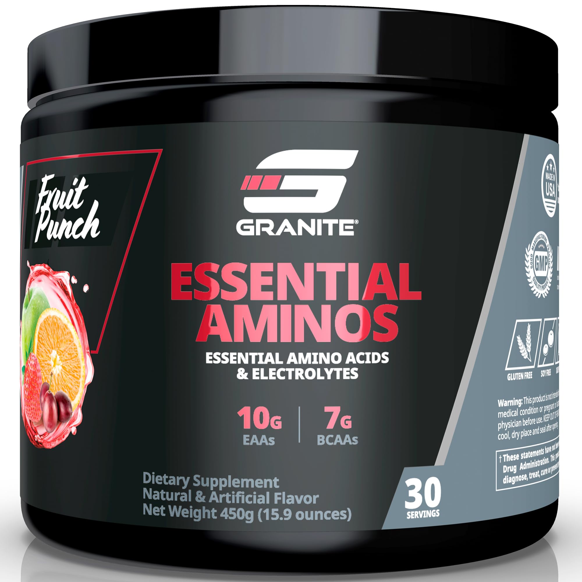 Granite Supplements Essential Amino Acids + Branched Chain Amino Acids + Electrolytes (Fruit Punch Flavor) | 10g EAAs + 7g BCAAs | Supports Muscle Growth | Soy Free + Gluten Free + Vegan | Made in USA