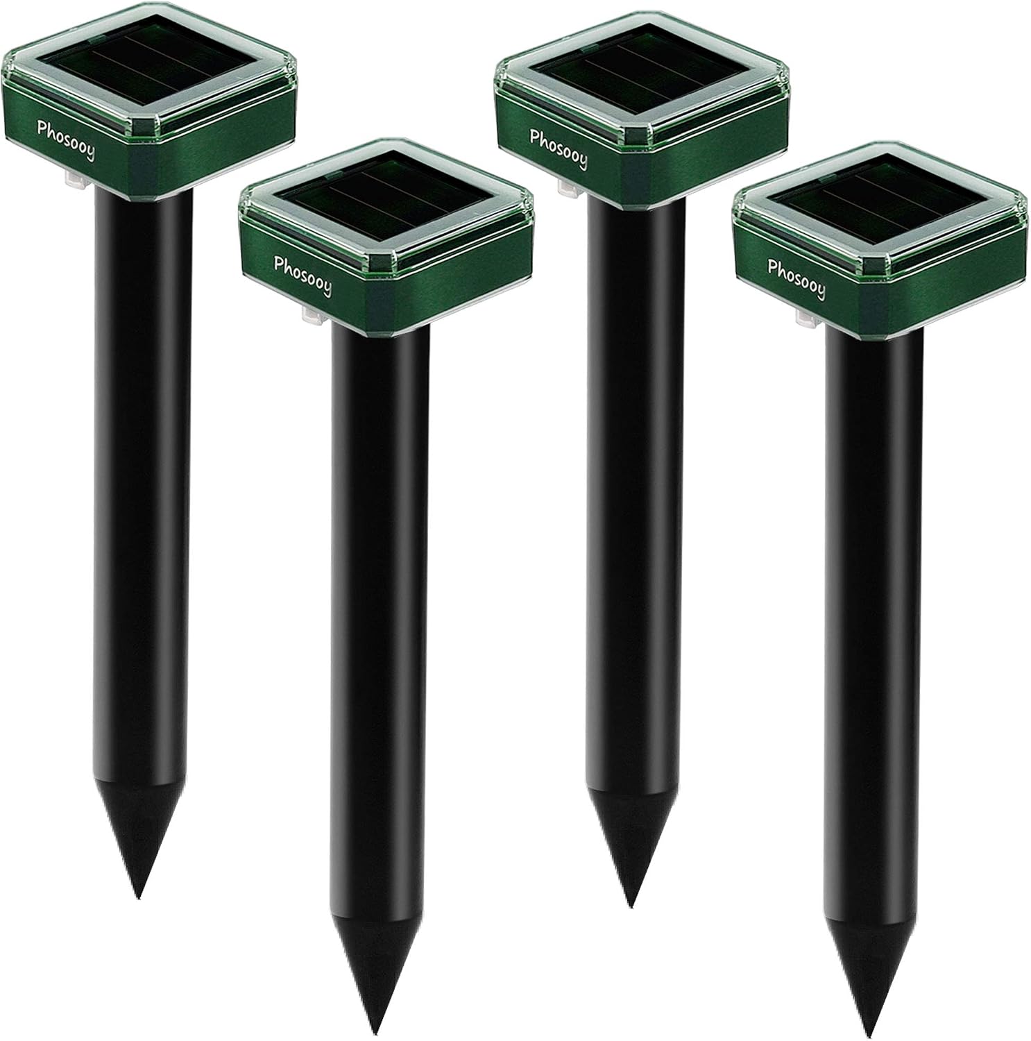 Phosooy Solar Mole Repellent Stakes, 4 Pack Solar Powered Ultrasonic Gopher Deterrent Spikes, Waterproof Solar Rodent Voles Gopher Chipmunk Repellent for Lawn, Garden, Farm Outdoor Use (4)