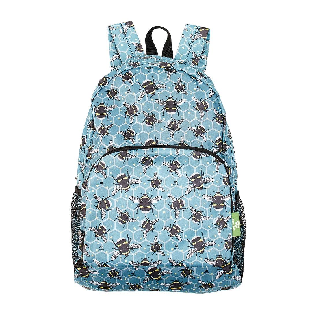 Eco Chic Lightweight Foldable Water Resistant Backpack Rucksack Folds into Pouch for Storage (Bumble Bees Blue)