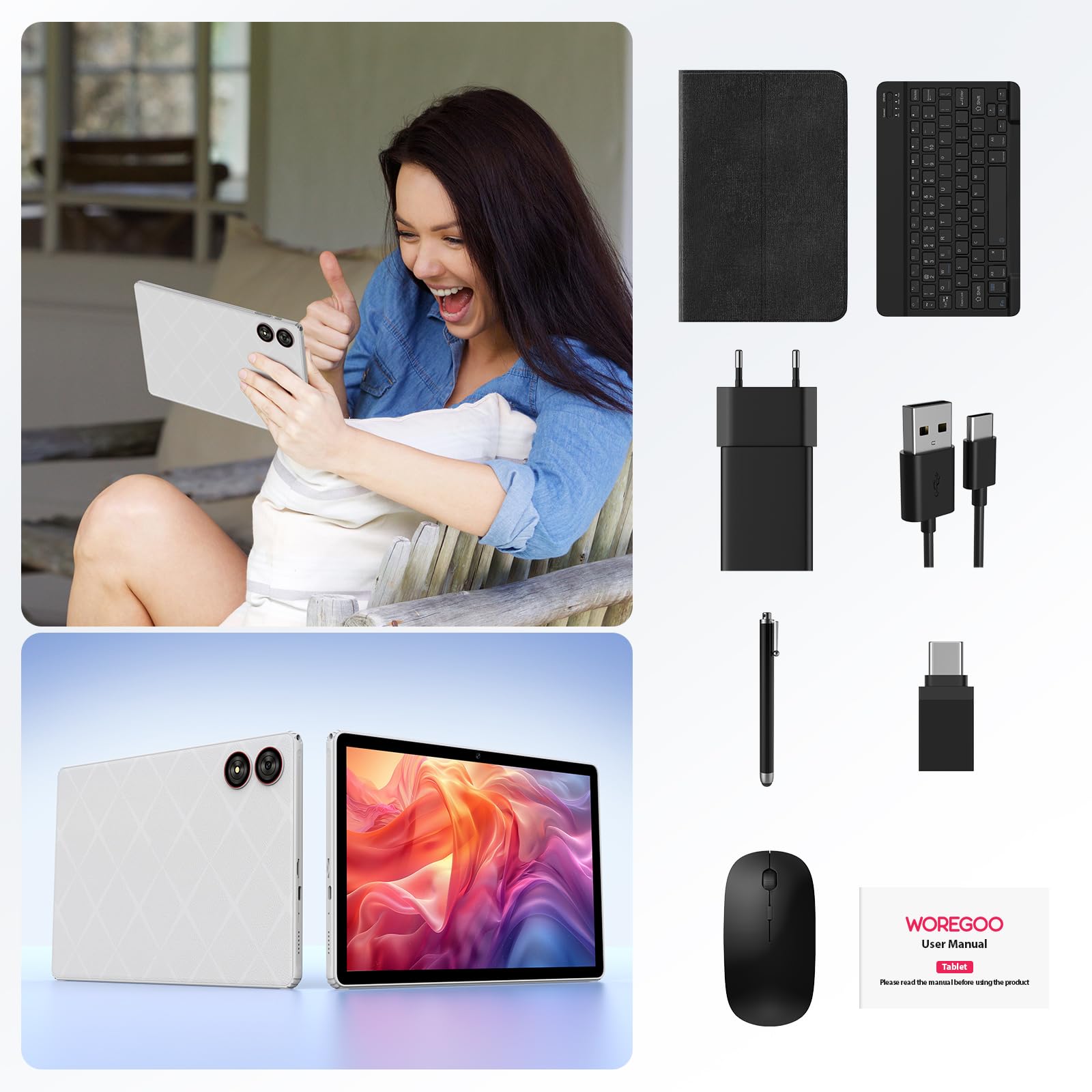 Tablette 11 Pouces Android 15, WiFi 5G, Octa-Core, 36GB RAM+256GB RO(1TB TF), Widevine L1/8+13MP/8000mAh/GMS/GPS, avec Clavier+Souris (Gris)
