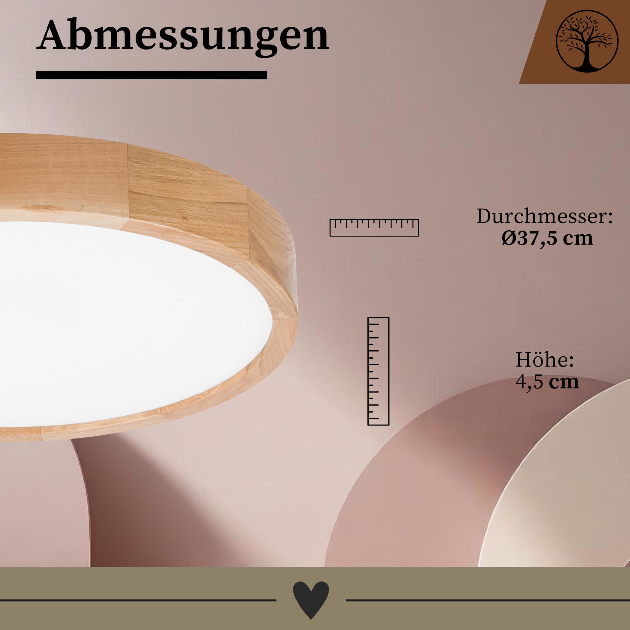 Schlafzimmerlampe - Runde Holz Deckenlapme Eiche LED 24W-4000K (∅37 cm) - Modern Beige Deckenleuchte für, Wohnzimmer, Flur, Küche - Stilvolle Eichenholz LEJA