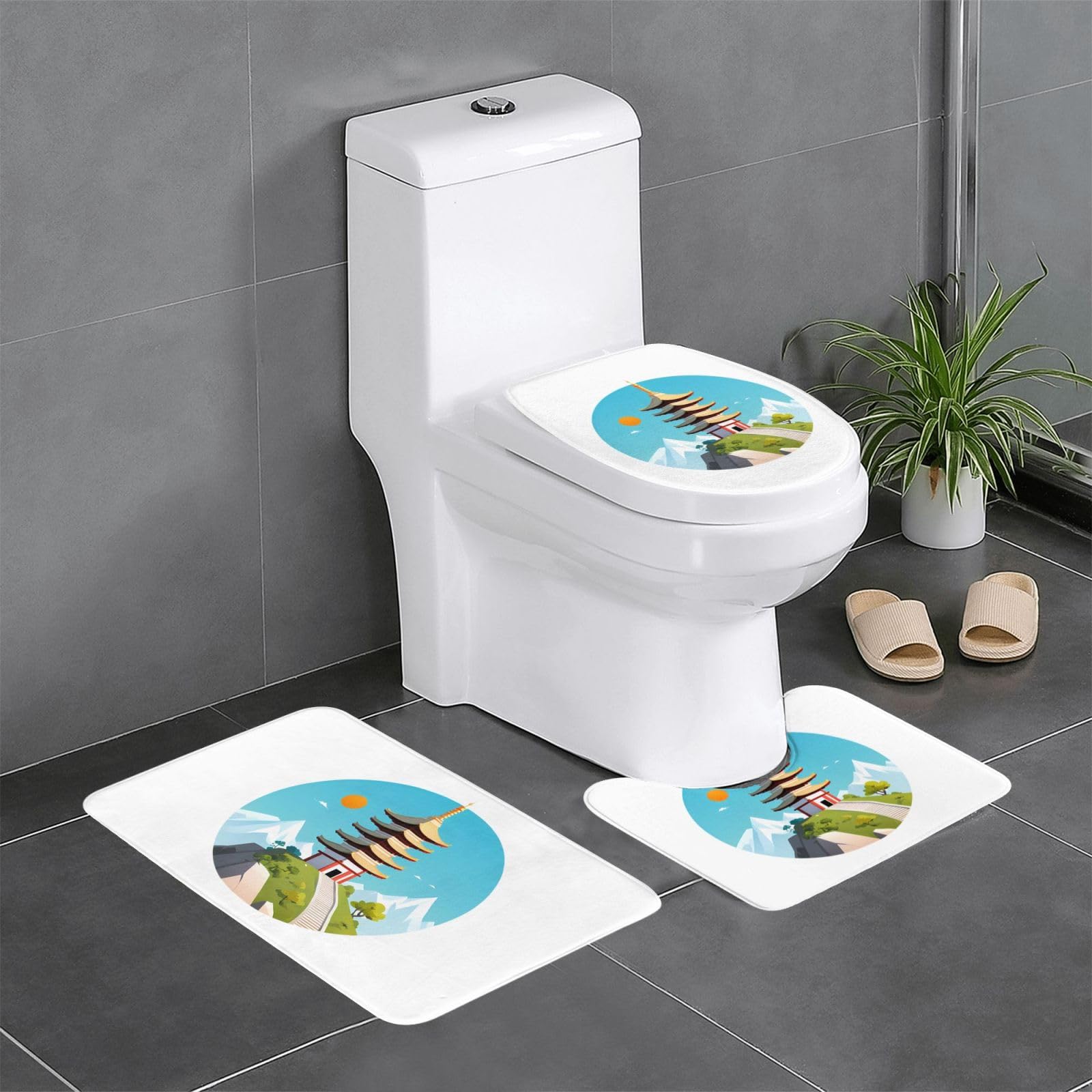Lot de 3 tapis de salle de bain 61x40cm motif pagode de montagne