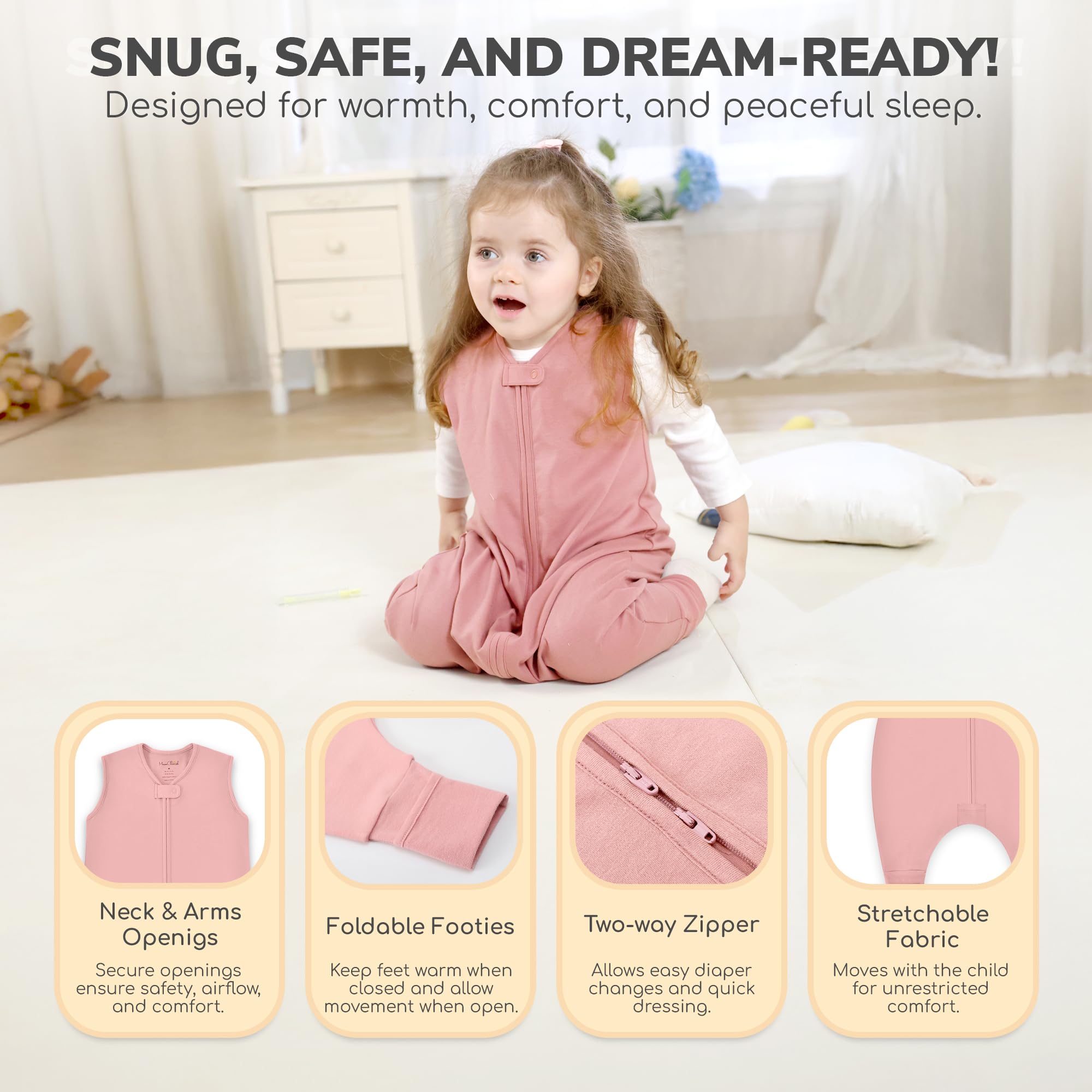 Mama Cheetah Gigoteuse pour tout-petit avec pieds 18-36 Mois, 0,5 TOG en coton biologique avec jambes, pour marcheurs avec fermeture éclair à 2 voies, gigoteuse pour filles et garçons, 2 paquet Moyen - 5